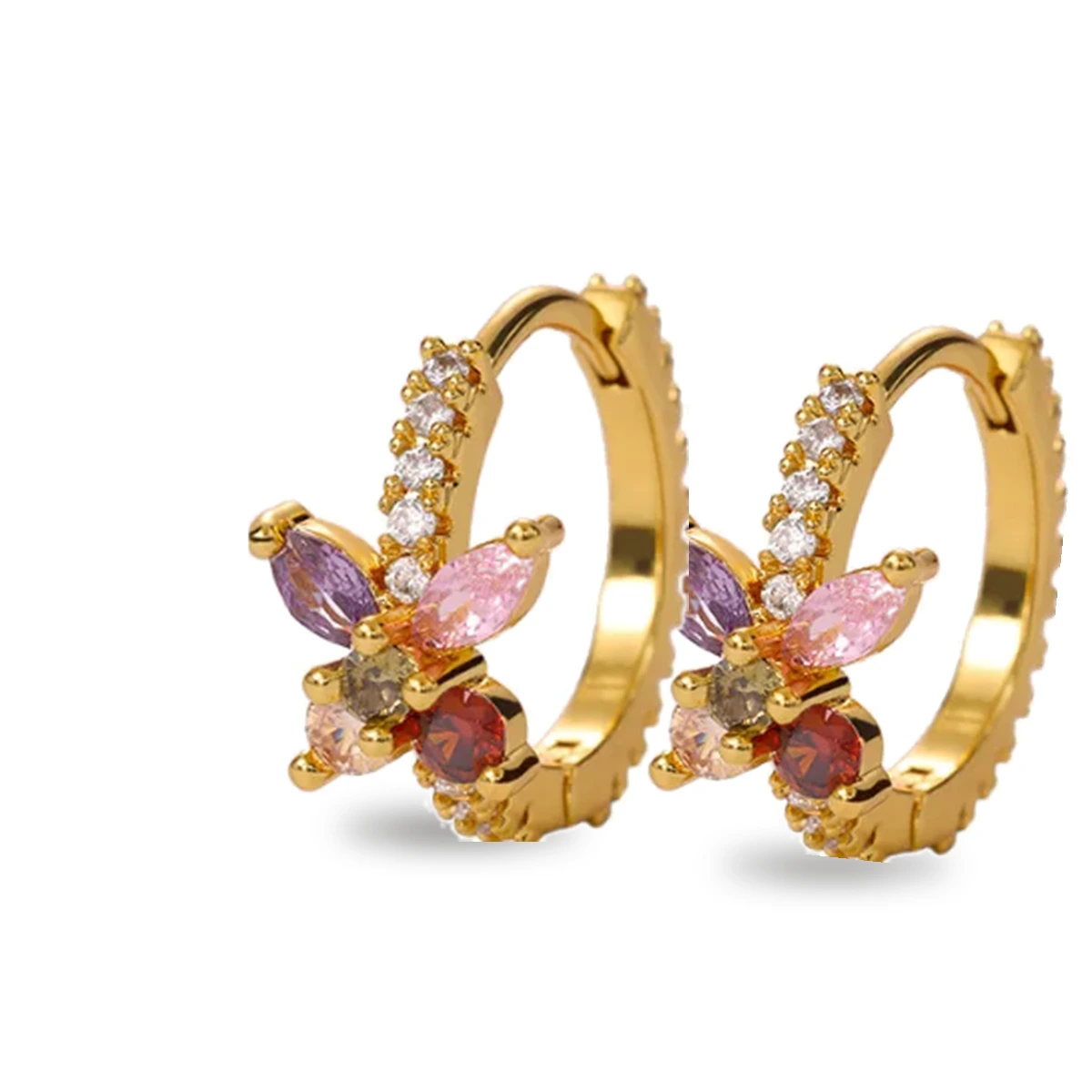 18K Gold Plated Multicolor Zircon Butterfly Blossom Huggie Earrings - Studio View