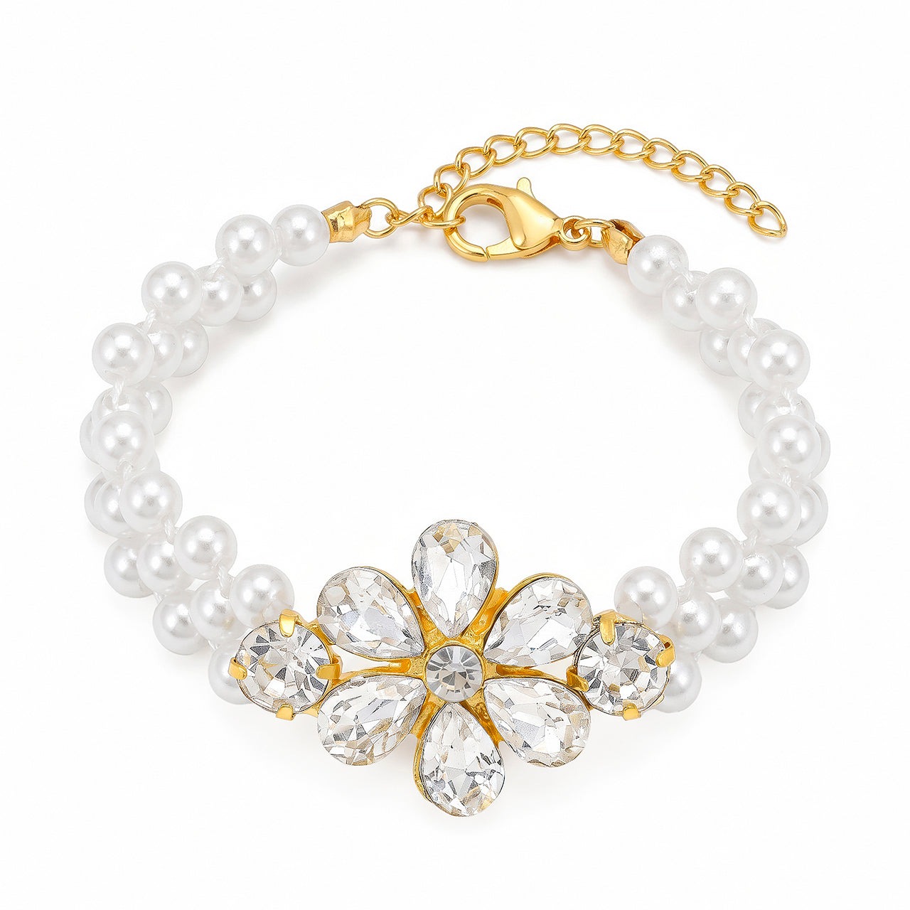 Anti-Tarnish Double-Strand Pearl & Crystal Blossom Charm Bracelet