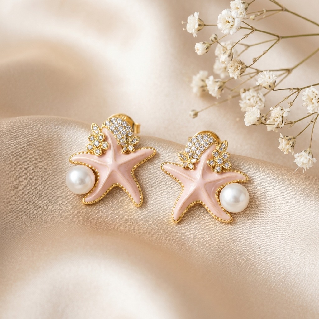 Blush Pink Starfish Pearl & Crystal Blossom Cluster Stud Earrings