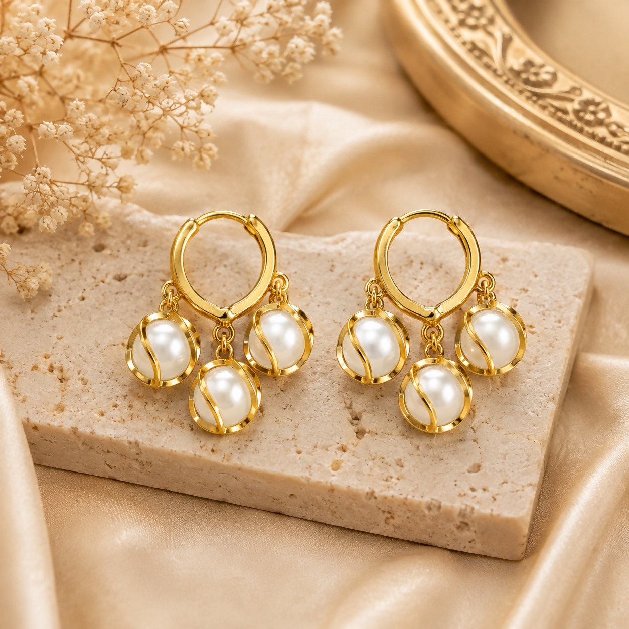Caged Triple Pearl Drop Huggie Hoop Earrings