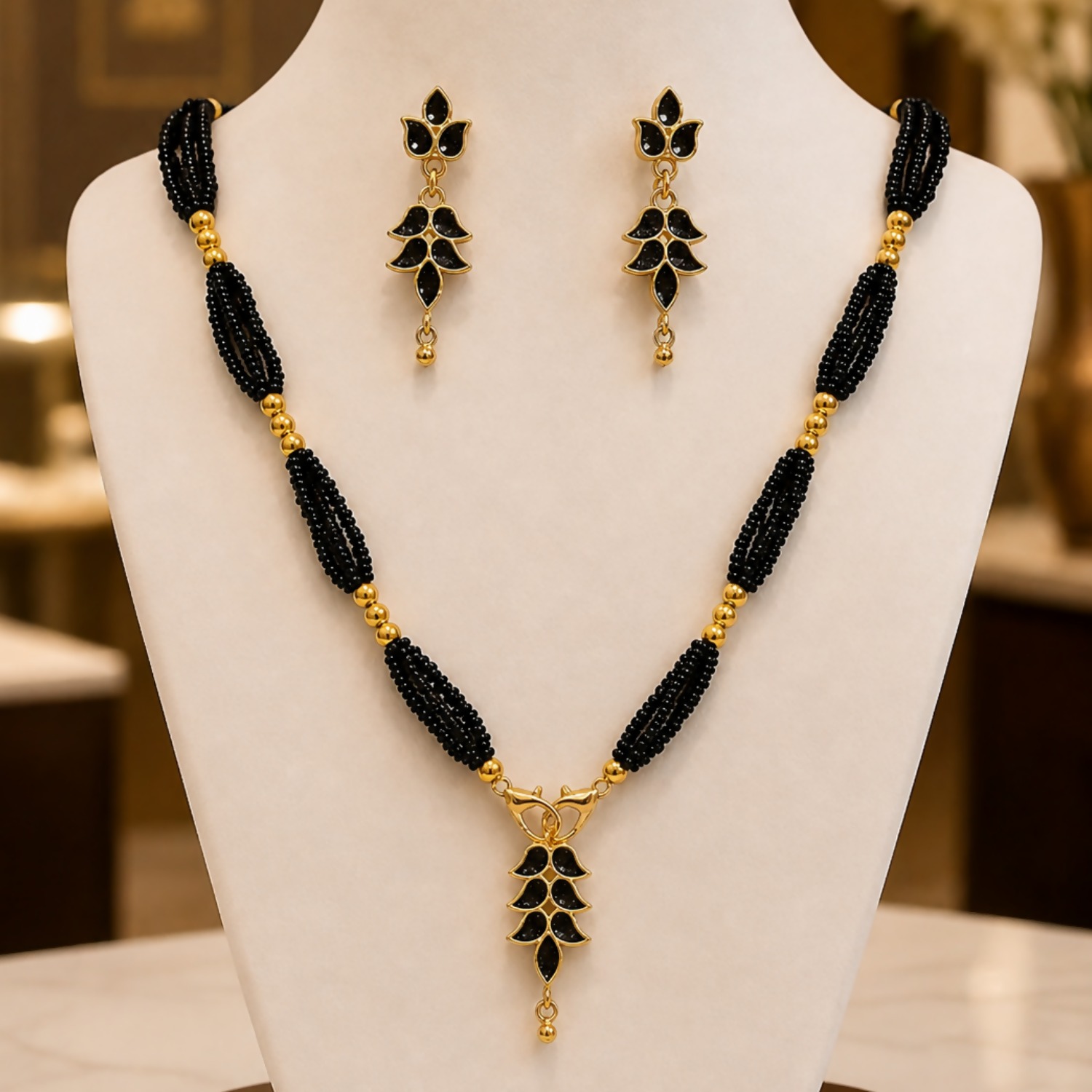 Double-Layer Black Crystal Beaded Necklace Set with Drop Earrings