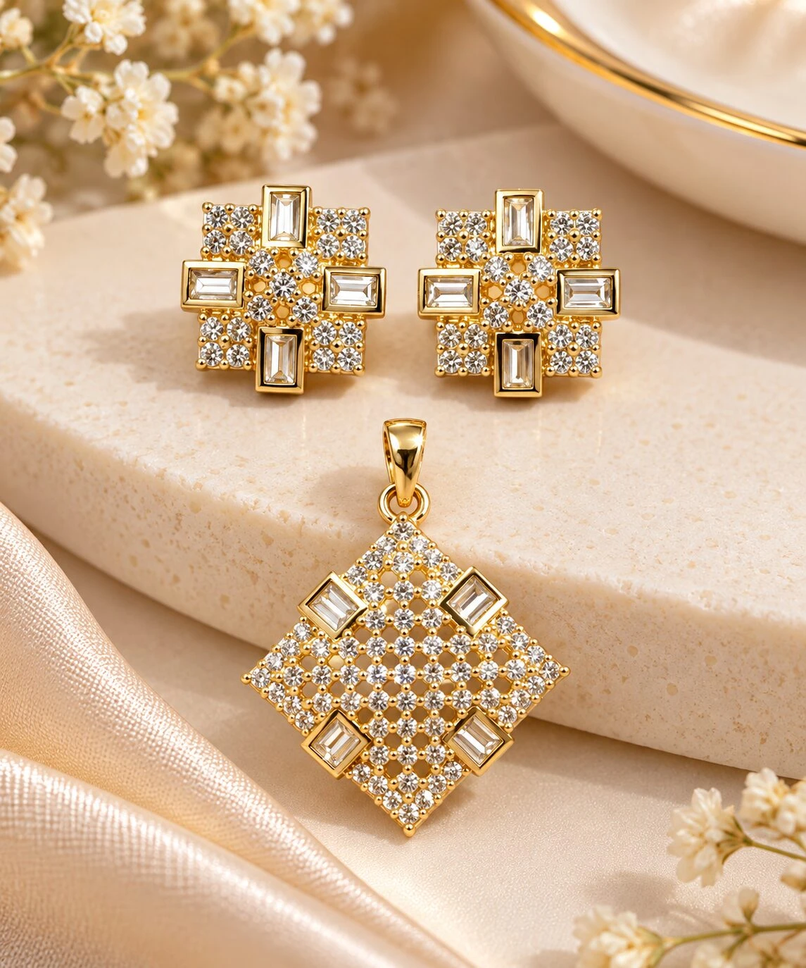 Gold CZ Rhombus Geometric Pendant & Stud Earrings Set