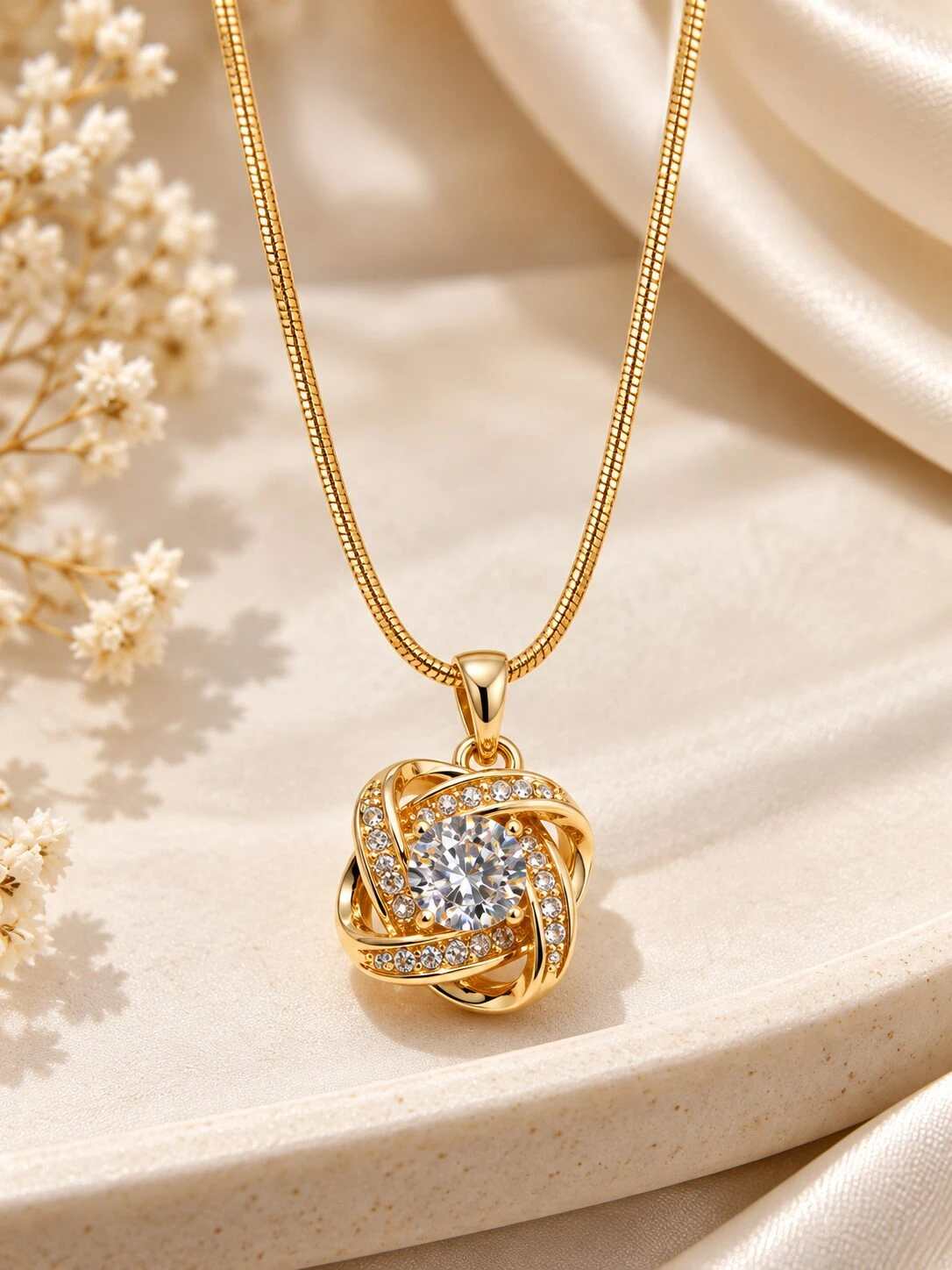 Gold-Plated Entwined Crystal Knot Pendant Necklace