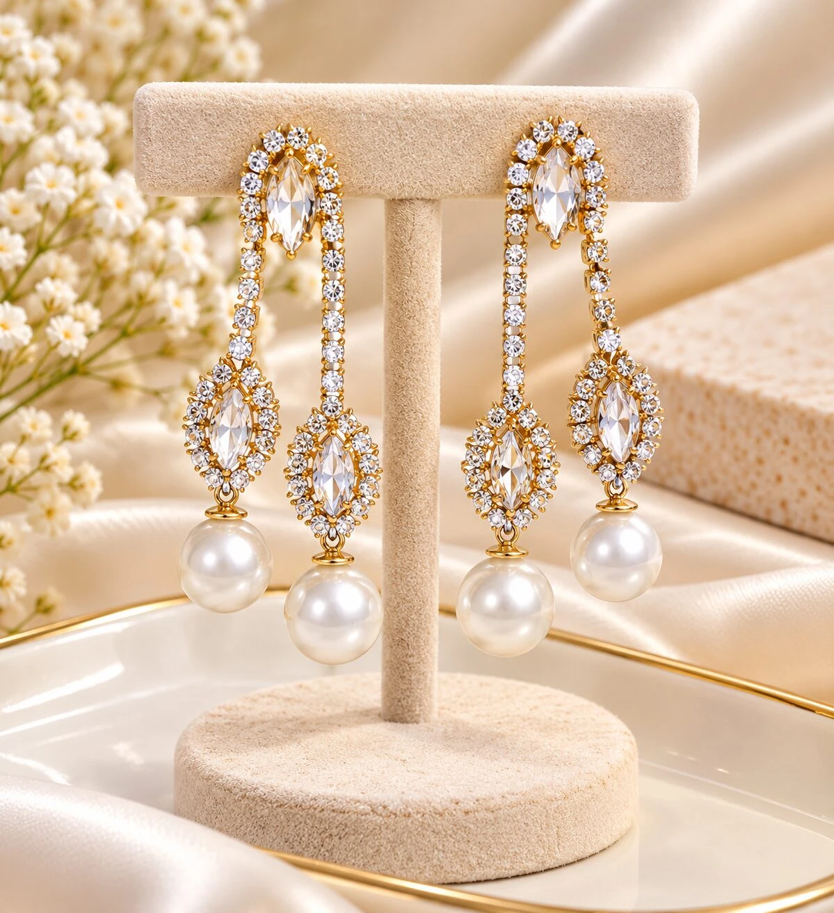 Gold-Tone Crystal Linear Chandelier Earrings with Pearl Drops