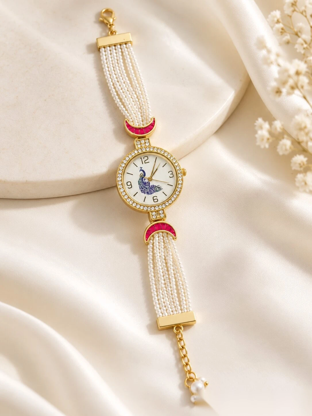 Multi-Strand Pearl Peacock Dial Gold Bracelet Watch
