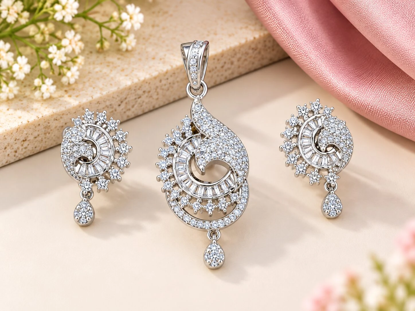 Silver-Toned Swirl Diamond Pendant & Matching Earring Set