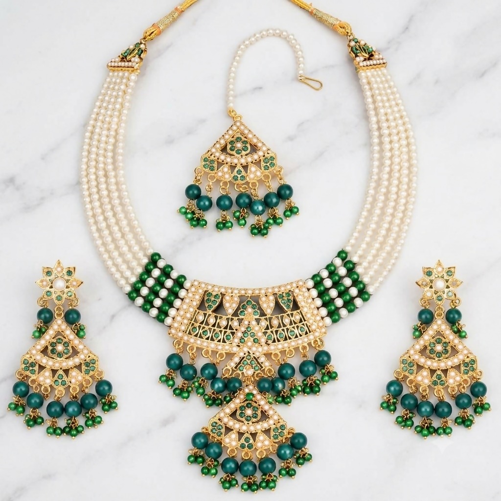 Emerald Green Beaded Pearl Choker Set with Earrings & Maang Tikka