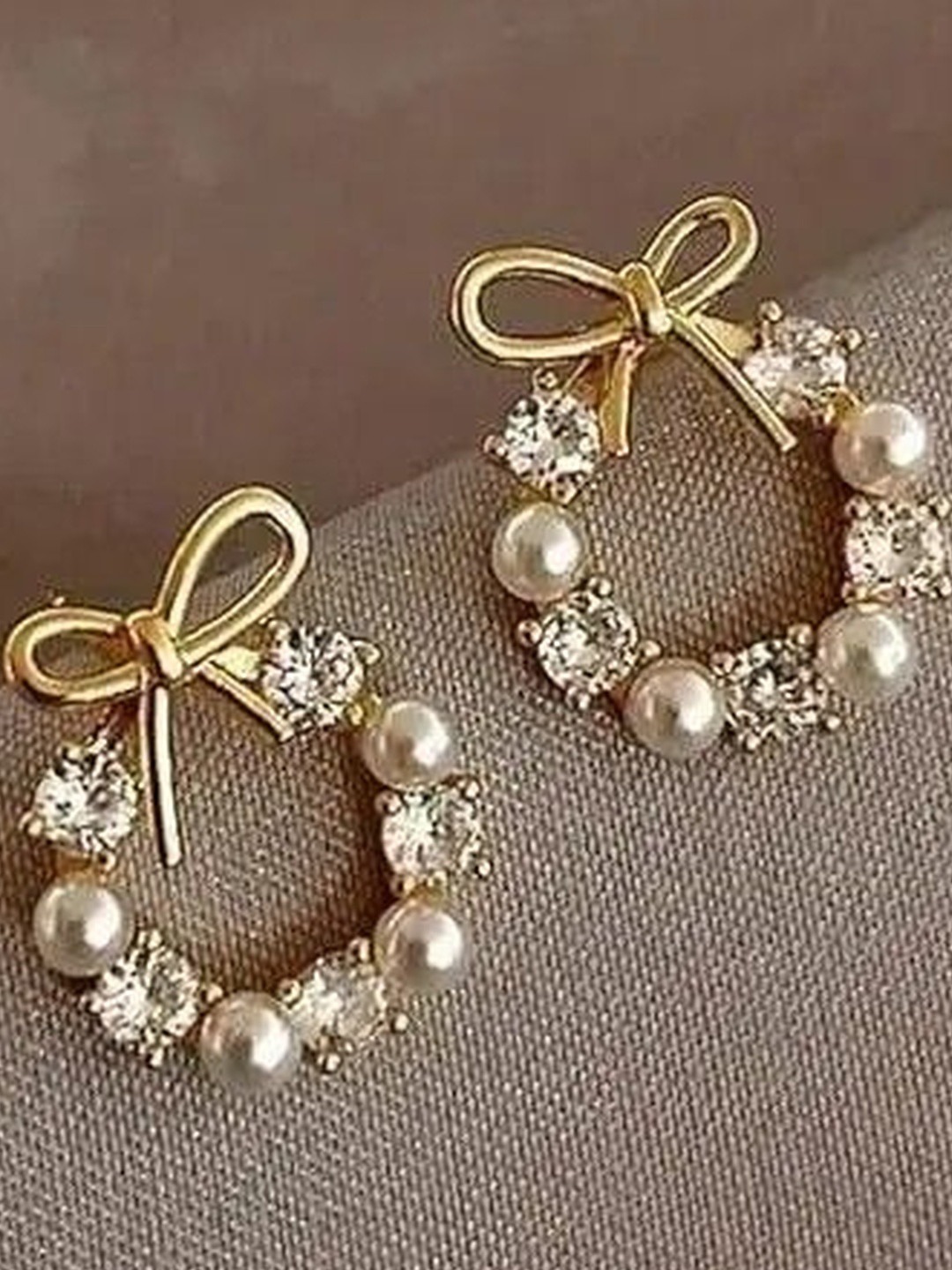 Gold-Plated Bow Wreath Pearl & Crystal Stud Earrings