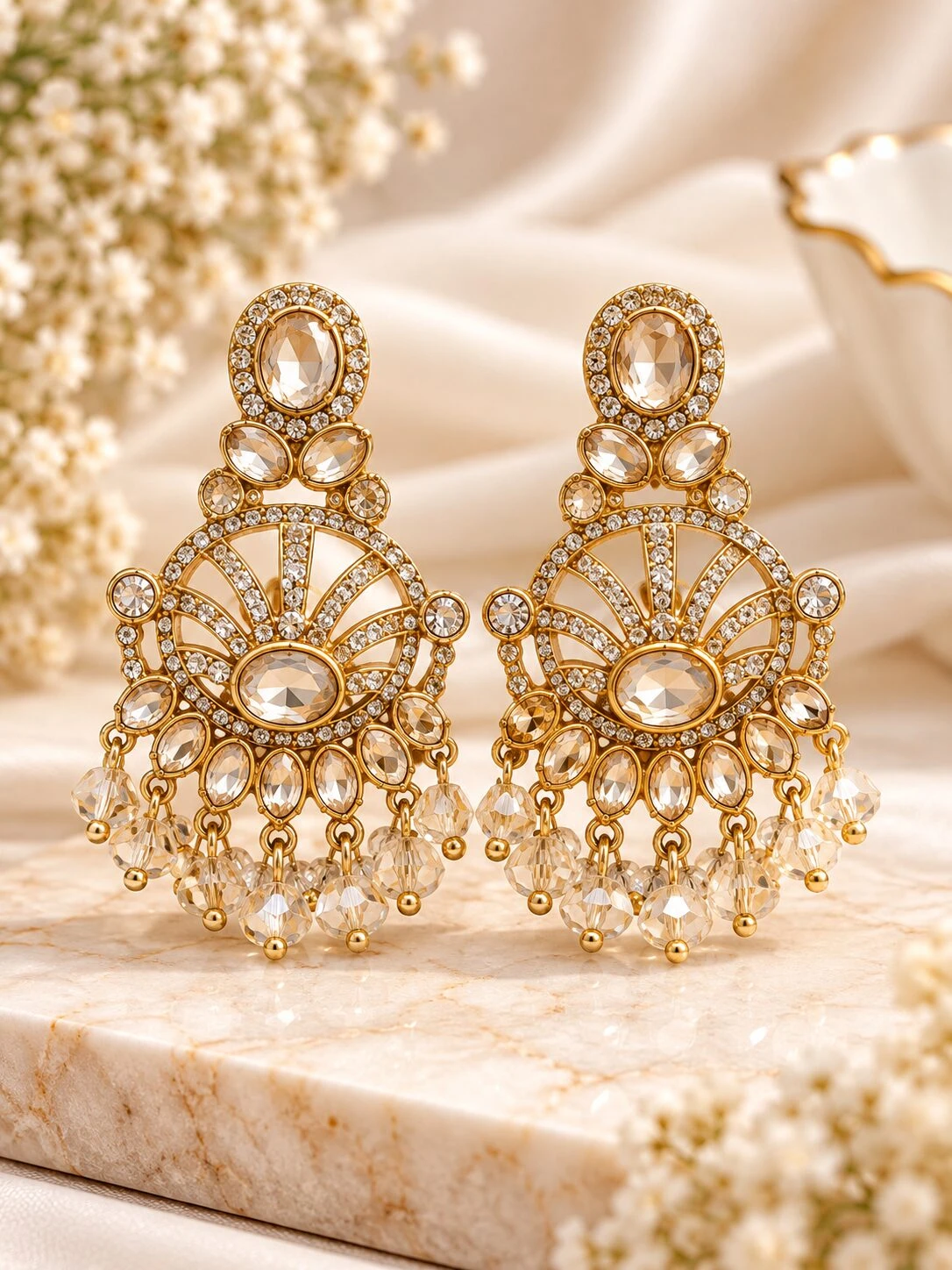 Antique Gold-Plated Kundan & Crystal Chandelier Statement Earrings
