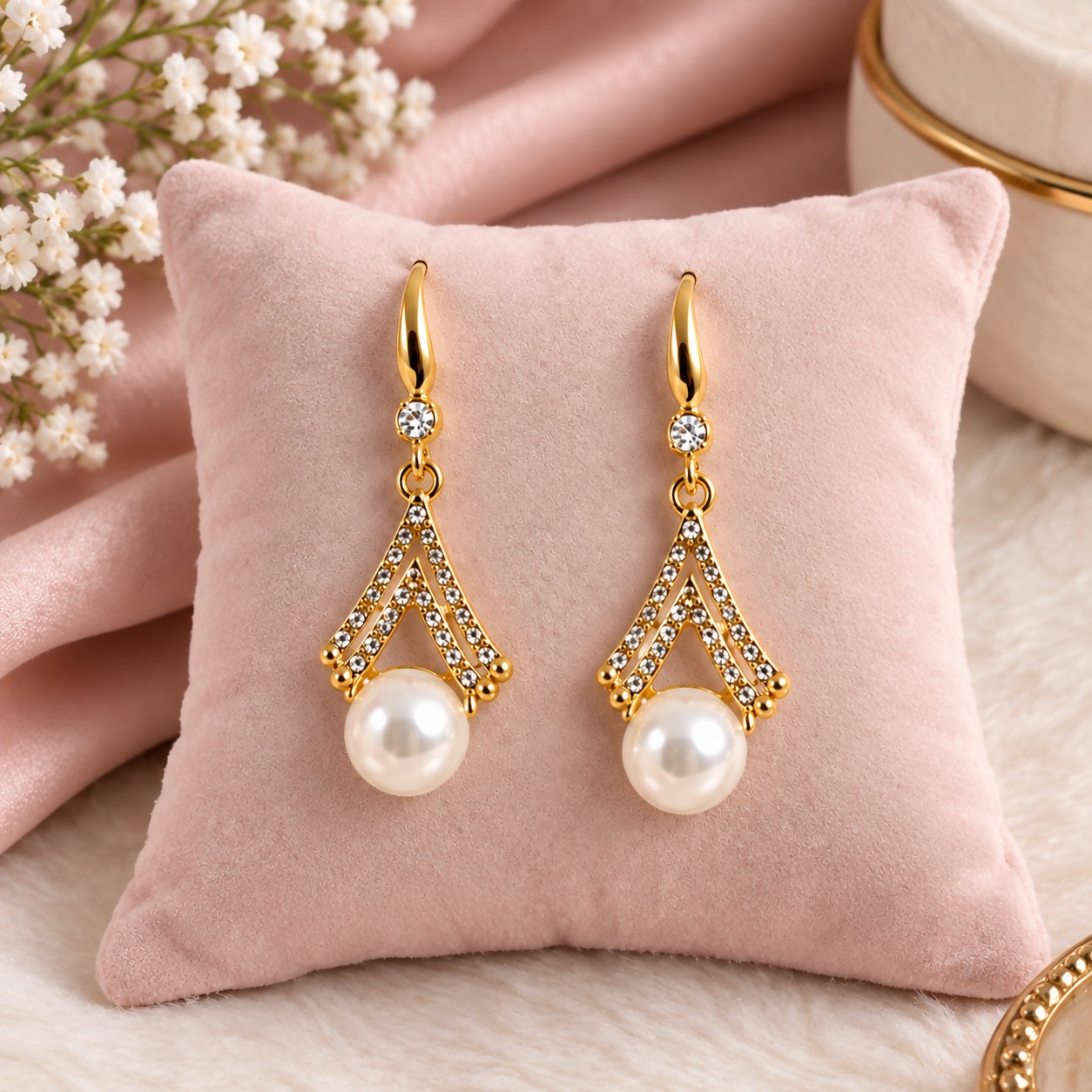 Gold-Plated Crystal Chandelier Pearl Drop Earrings