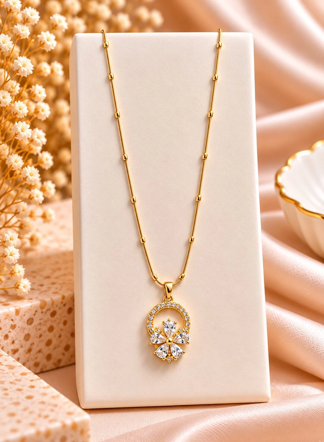 Gold-Plated Floral Pendant Necklace with Crystal Cluster