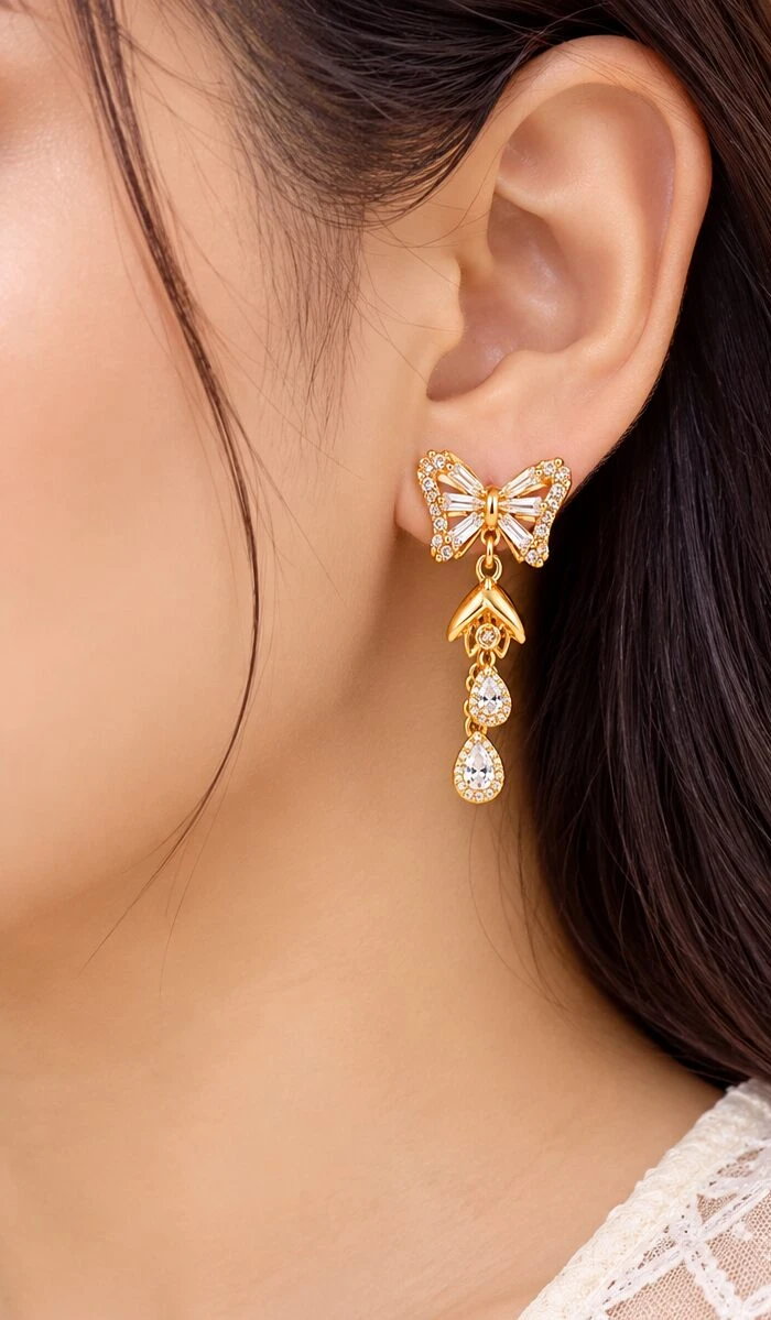 Gold-Plated CZ Butterfly Drop Earrings with Teardrop Charms