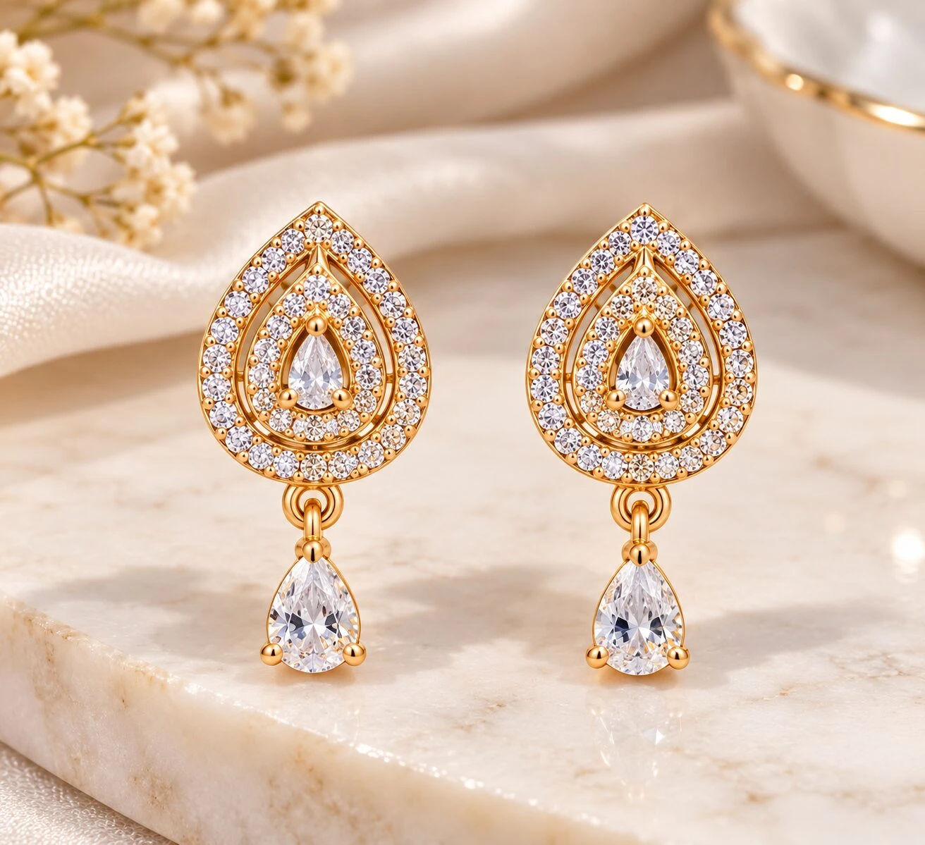 Gold-Plated CZ Double Teardrop Pear-Cut Chandelier Earrings