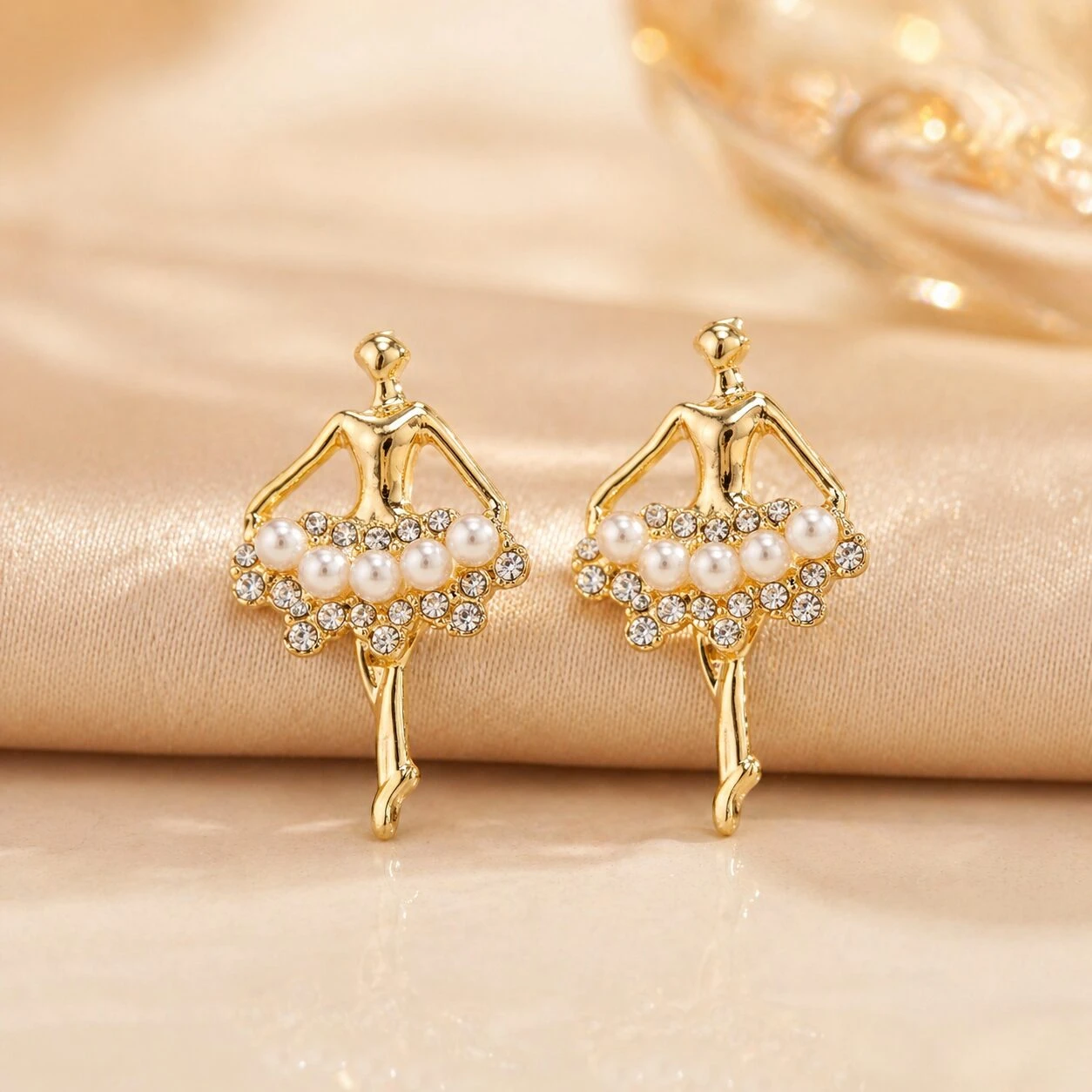Gold-Plated Dancing Ballerina Pearl & Crystal Tutu Stud Earrings