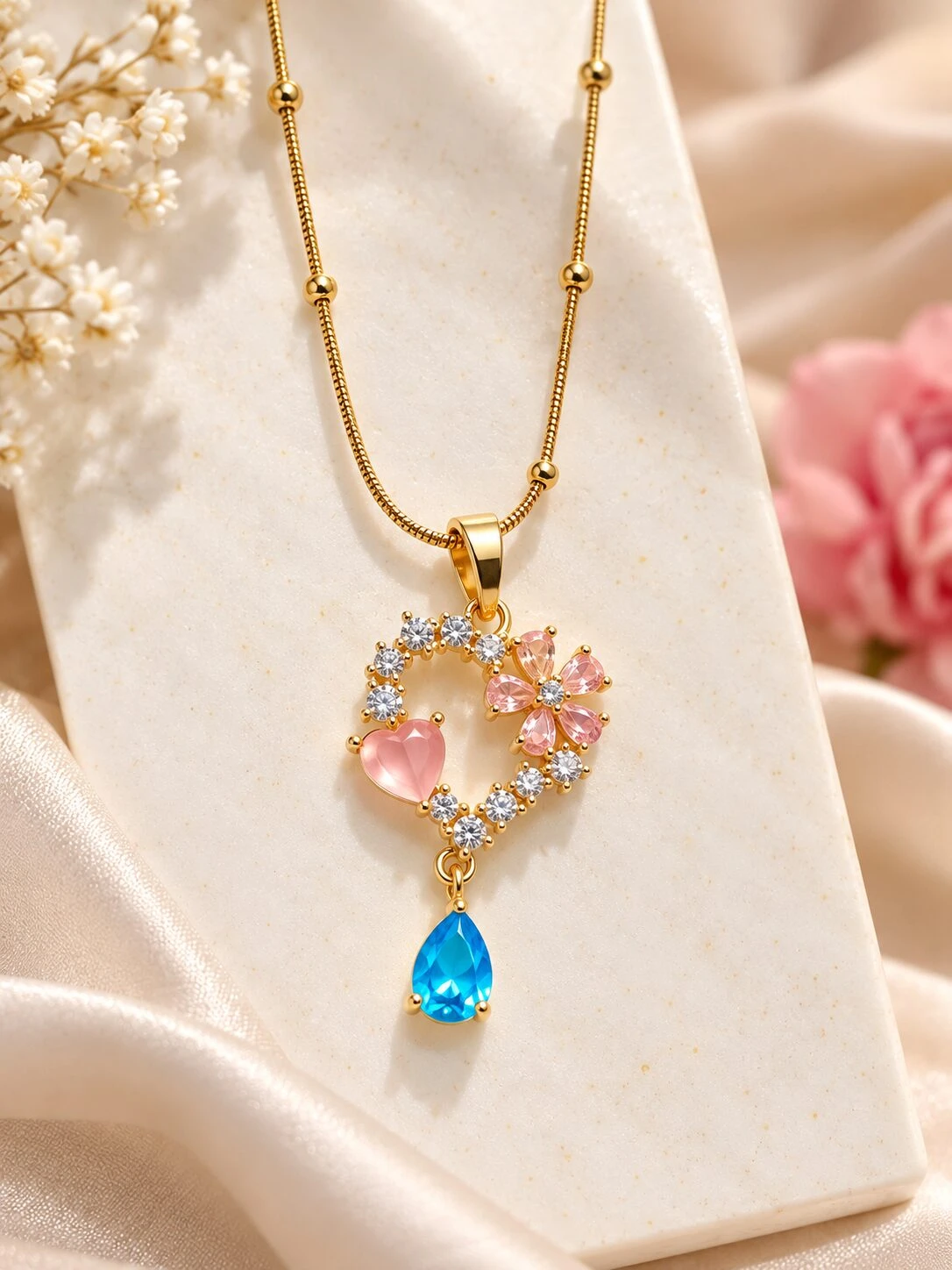 Gold-Plated Pink Heart & Blue Crystal Teardrop Floral Pendant Necklace
