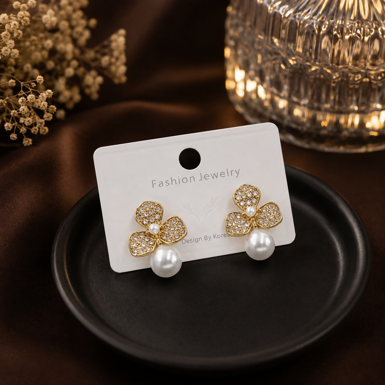 Gold-Tone Crystal Trefoil Flower Pearl Drop Stud Earrings