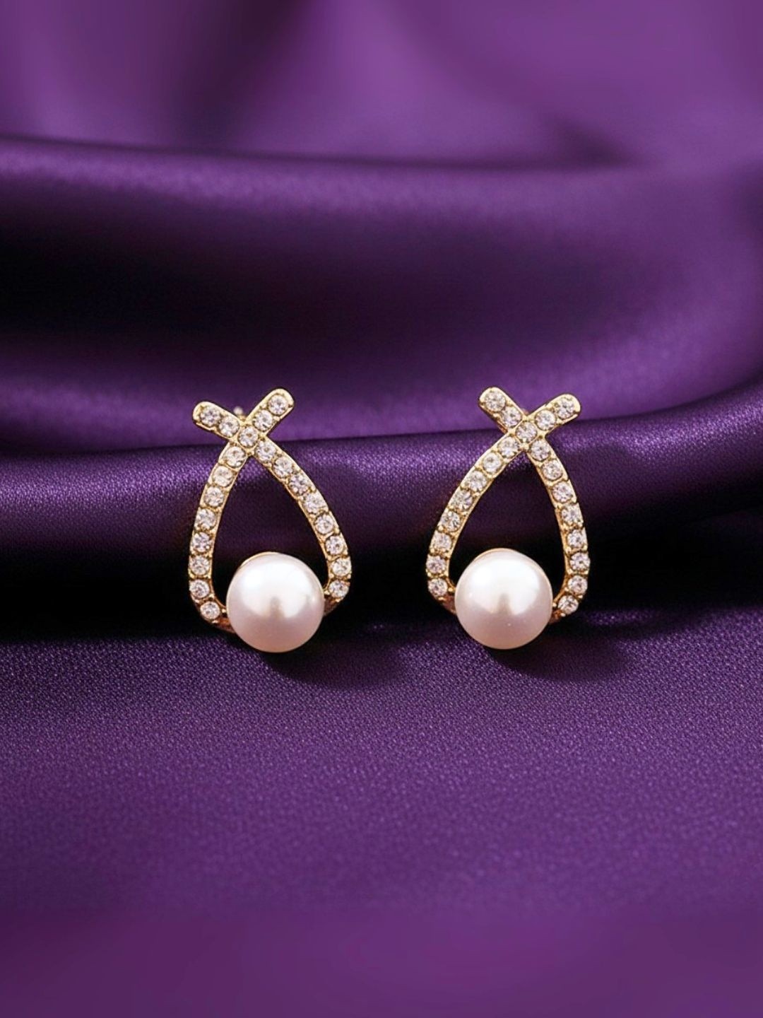 Gold-Tone Teardrop Earrings with Pearl-Look Beads and Clear Stone Detailing