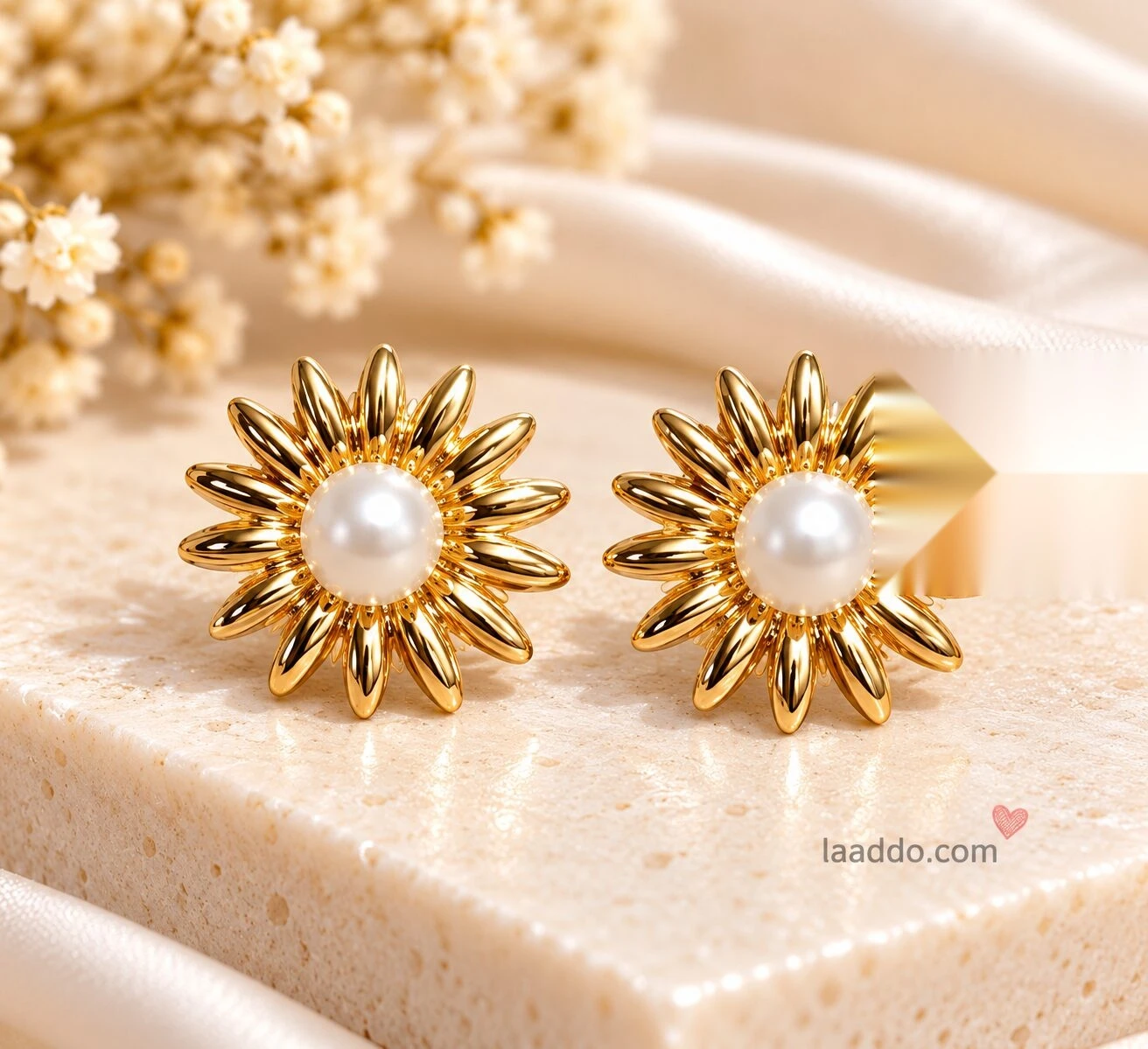 Golden Pearl Sunflower Petal Stud Earrings