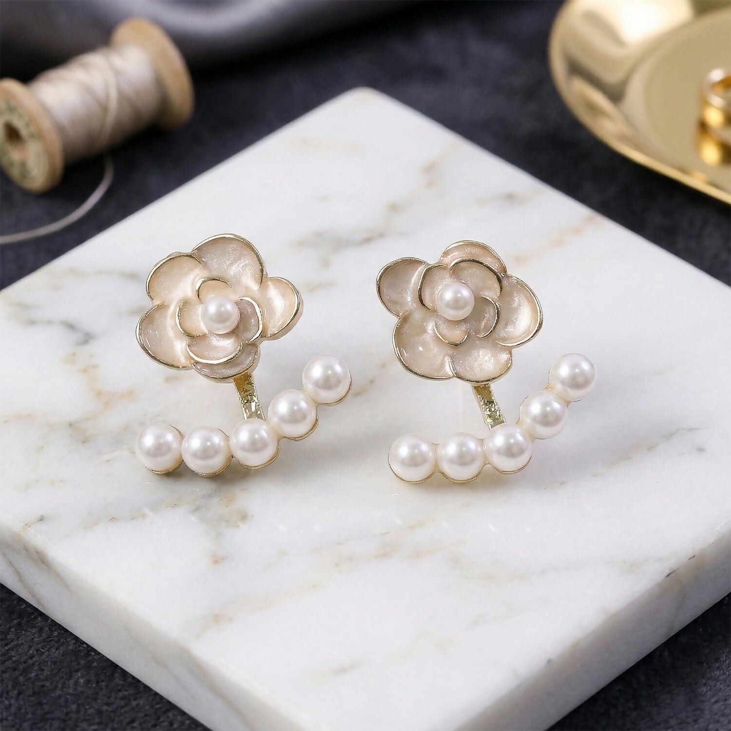 Korean White Camellia Rose Pearl Ear Jackets