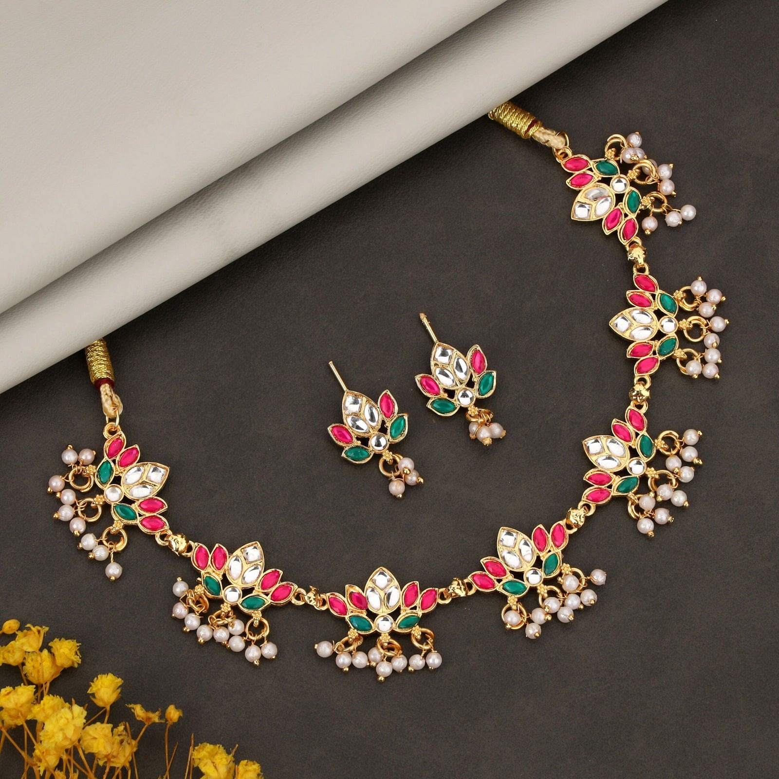 Multi-Strand Pearl Choker with Gold Floral Filigree Pendant Set