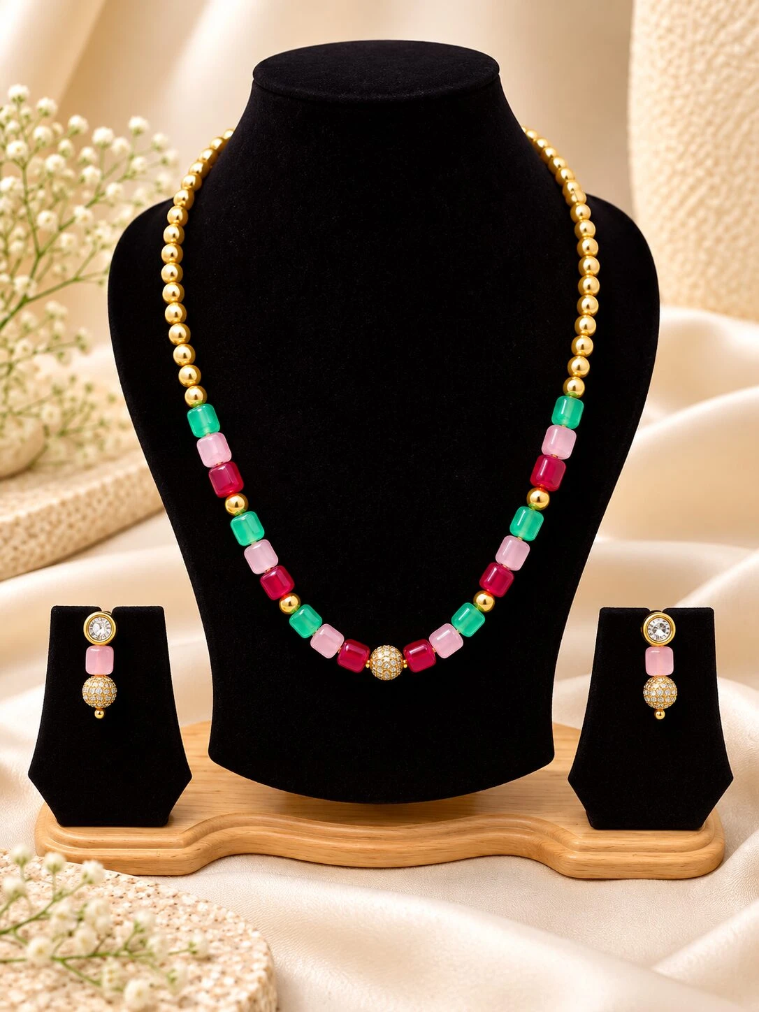 Festive Multicolor Gemstone Beaded Gold Necklace Set