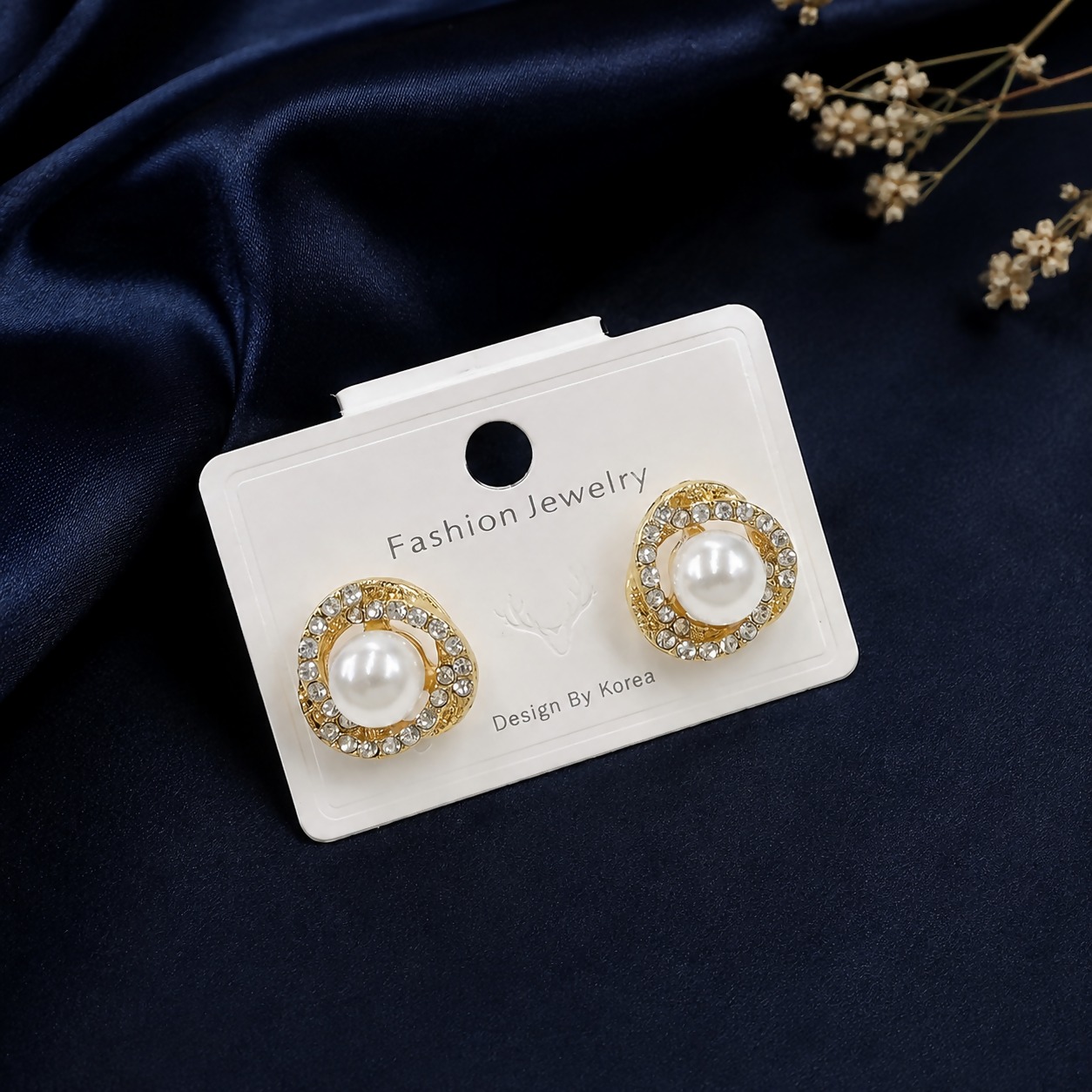 Open Circle Rhinestone Stud Earrings with Faux Pearl Center