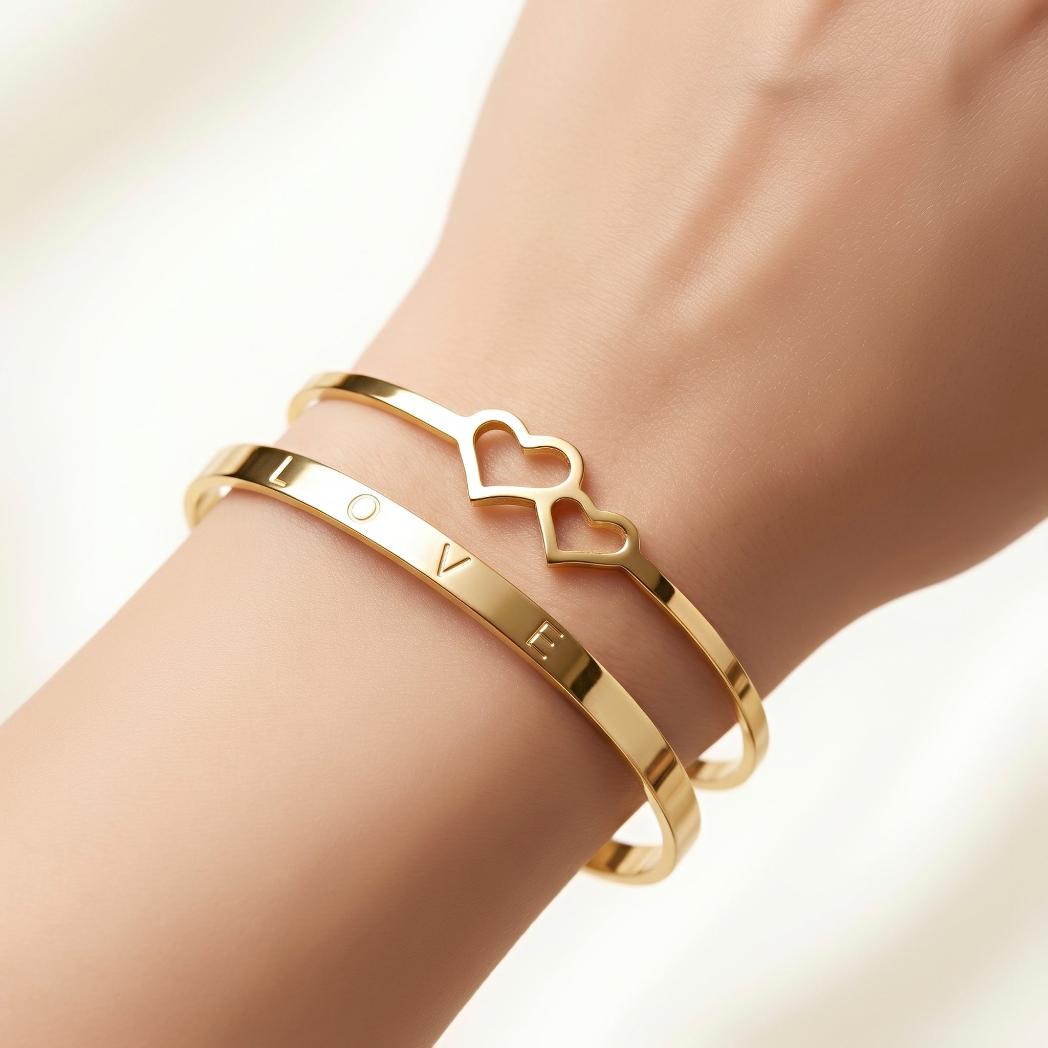 2 Bracelets Anti-Tarnish Heart Love Text Bangle (Adjustable Size) - View 1