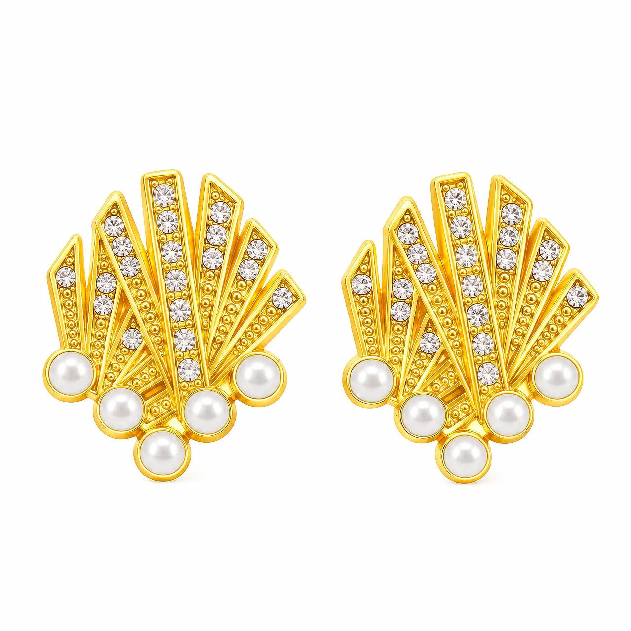 Anti-Tarnish Art Deco Fan Crystal Pearl Drop Earrings
