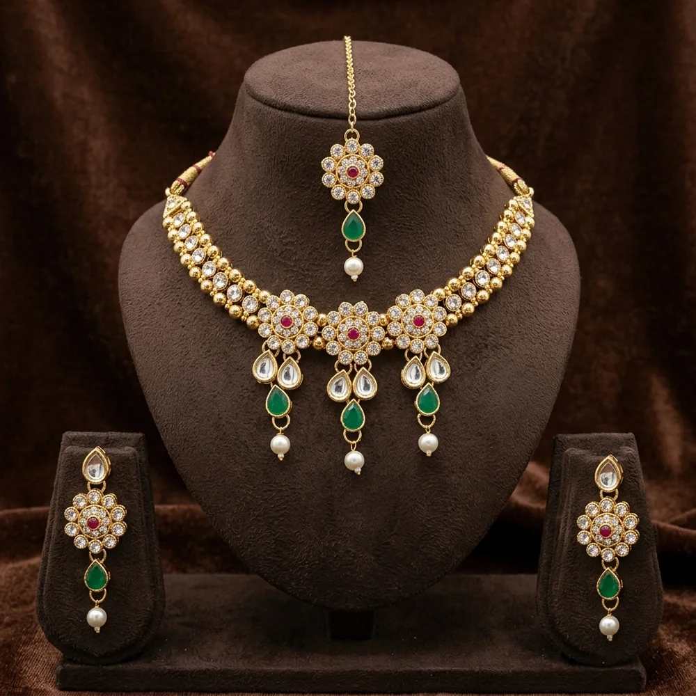 Anti-Tarnish Austrian Crystal & Pearl Choker Necklace Set