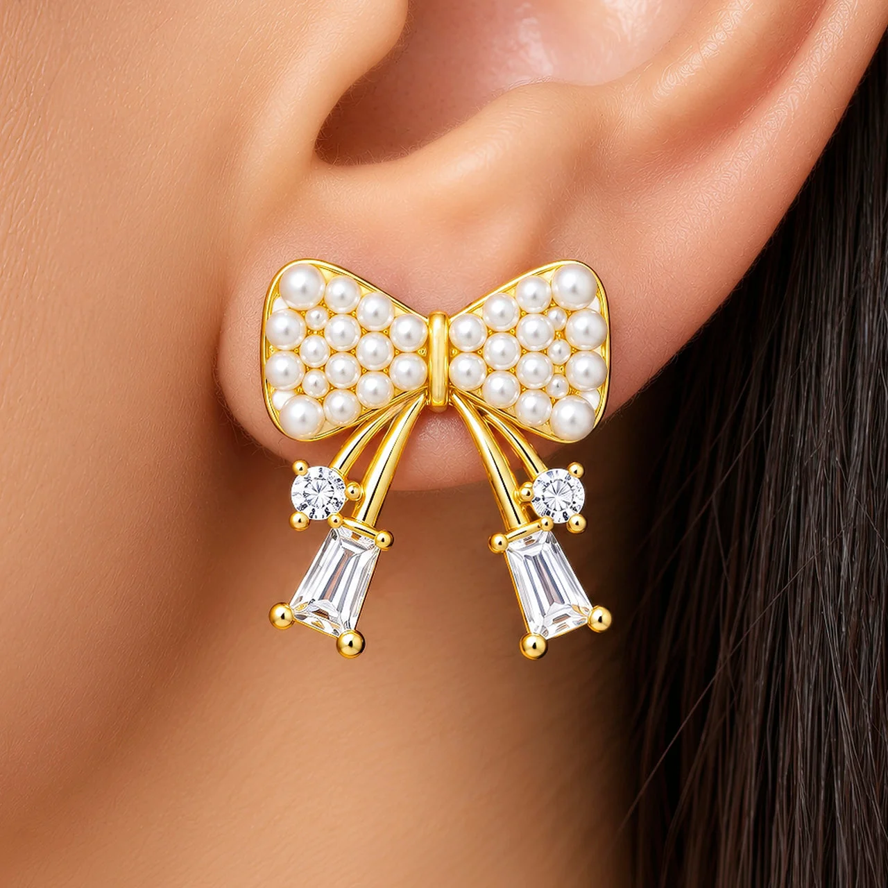 Anti-Tarnish Bow Pearl & Crystal Drop Earrings