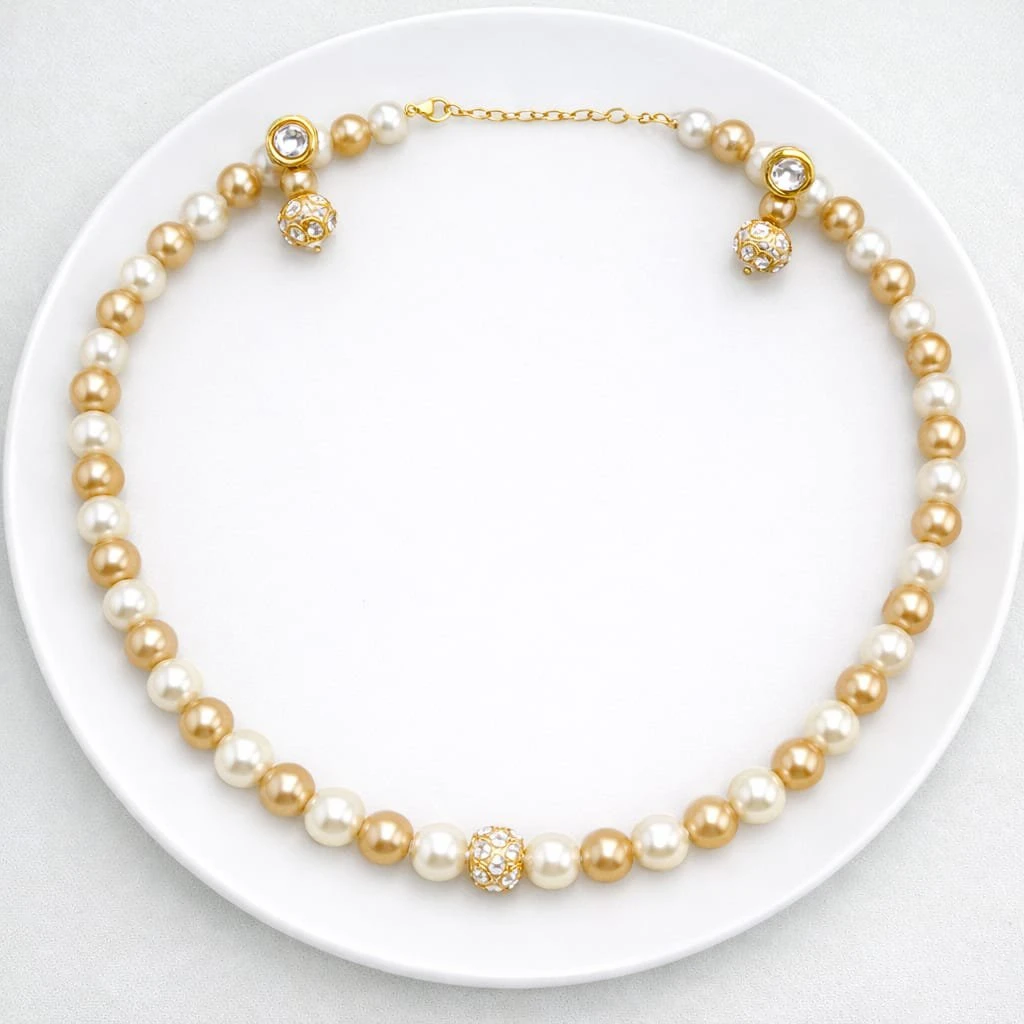 Anti-Tarnish Dual-Tone Golden & Ivory Pearl Necklace Set with Pavé Crystal Accents