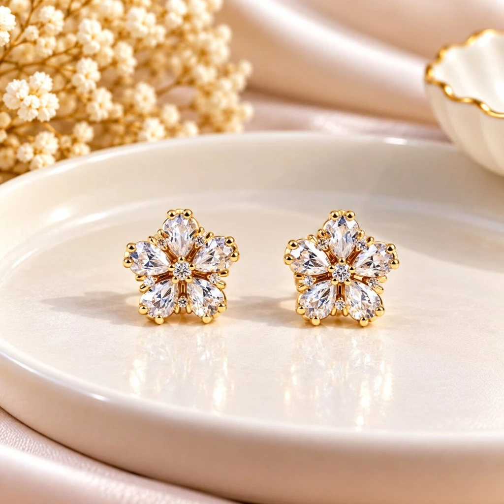 Anti-Tarnish Elegant Crystal Flower Blossom Stud Earrings