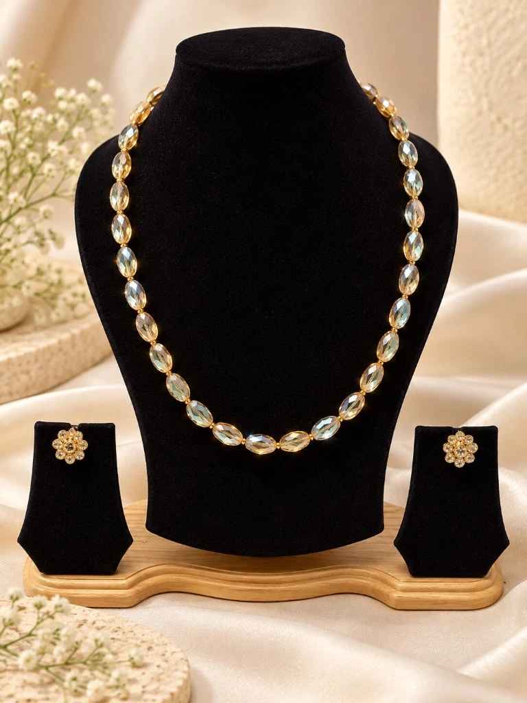 Anti-Tarnish Elegant Gold Finish Champagne Crystal Beaded Necklace Set