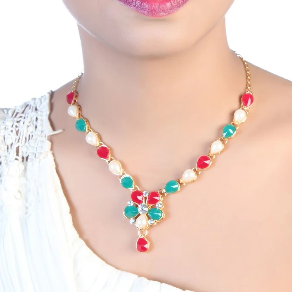 Anti-Tarnish Emerald Green Pota Stone Beaded Necklace Set