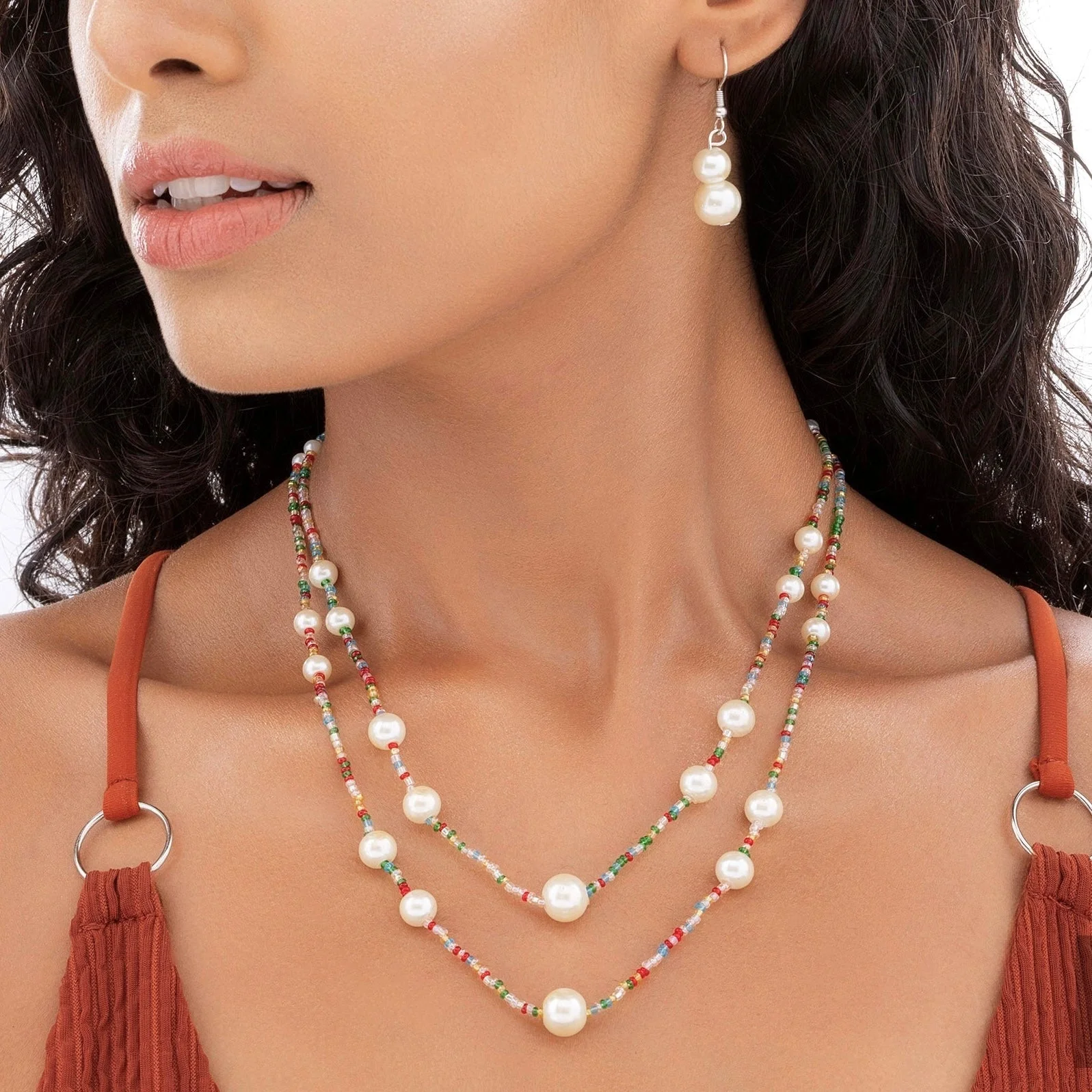 Anti-Tarnish Exquisite Double Layer Bead & Pearl Necklace Set With Earrings