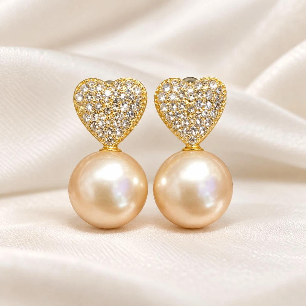 Anti-Tarnish Gold Plated Crystal Heart Pearl Drop Earrings