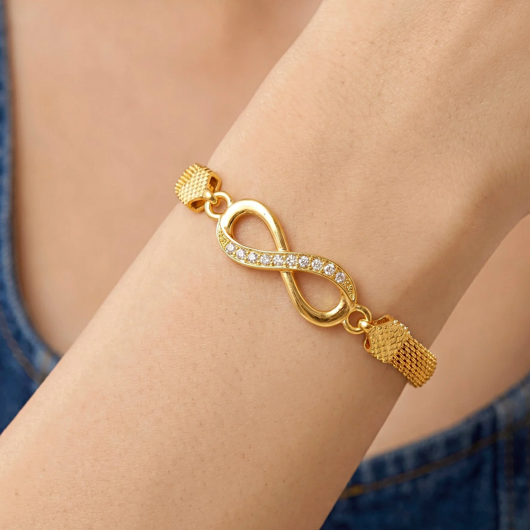 Anti-Tarnish Gold Plated Infinity American Diamond Adjustable Bracelet
