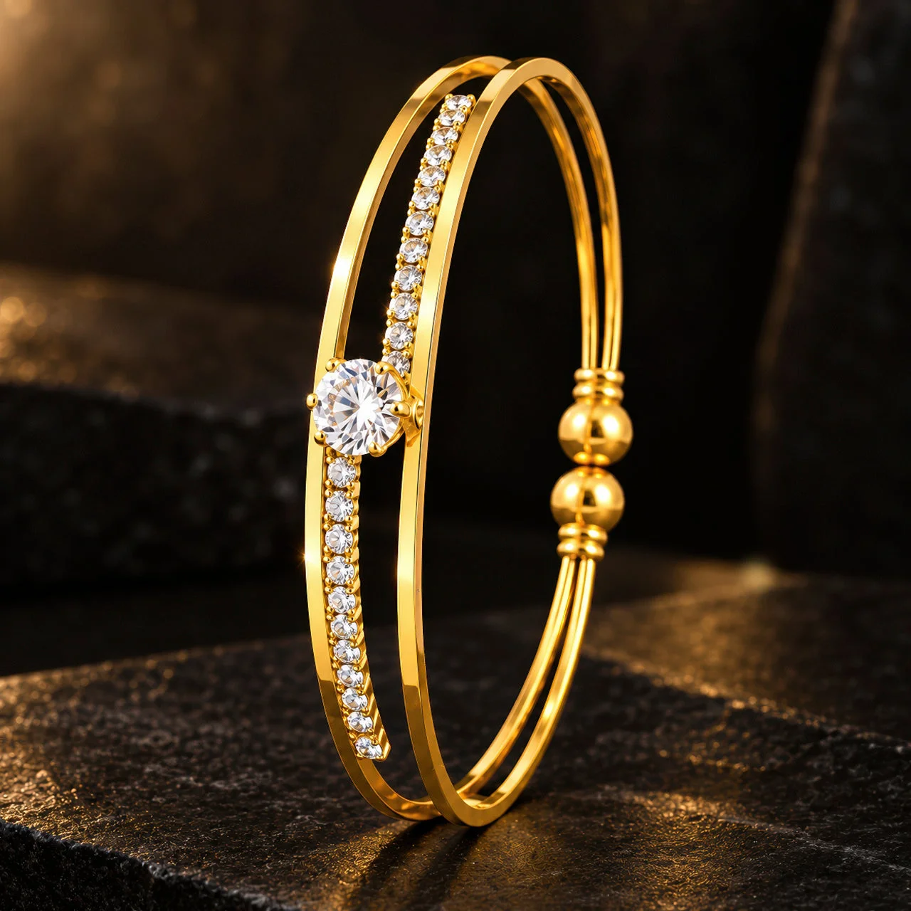Anti-Tarnish Gold Plated Solitaire Adjustable Bangle