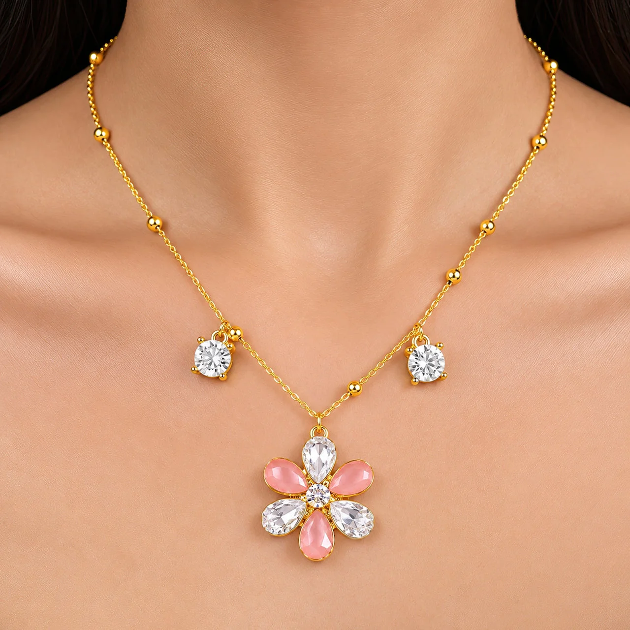 Anti-Tarnish Multicolor Crystal Floral Pendant Chain Necklace