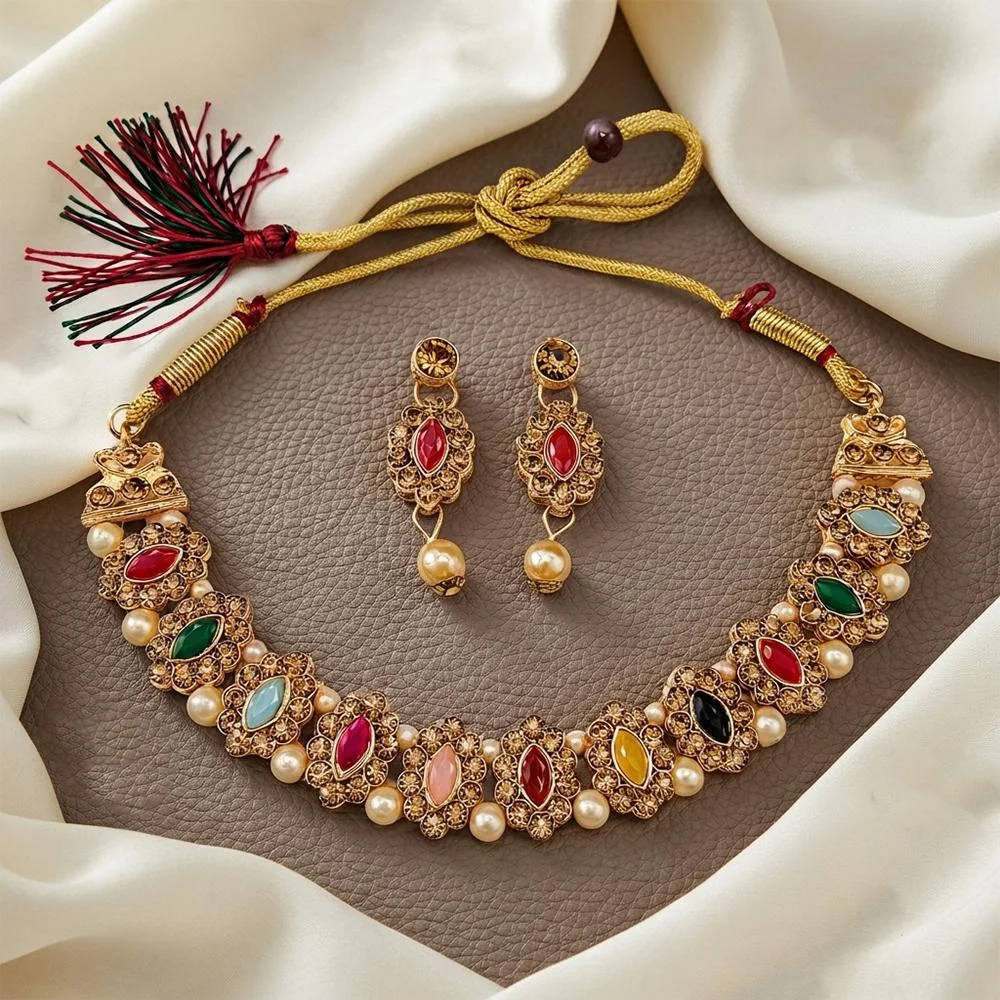 Anti-Tarnish Multicolour Austrian Stone & Pearl Festive Necklace Set