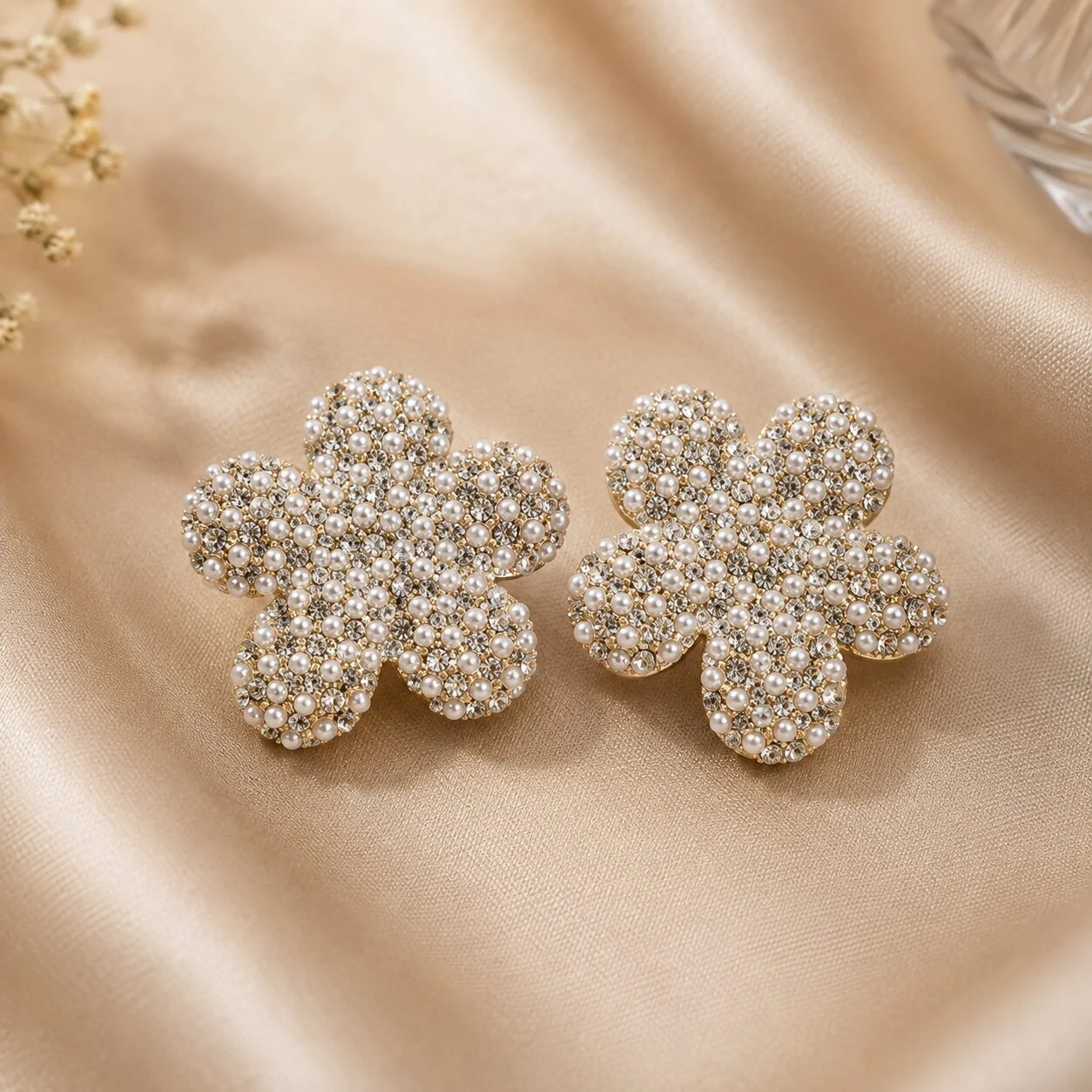 Anti-Tarnish Pearl & Crystal Floral Blossom Statement Earrings
