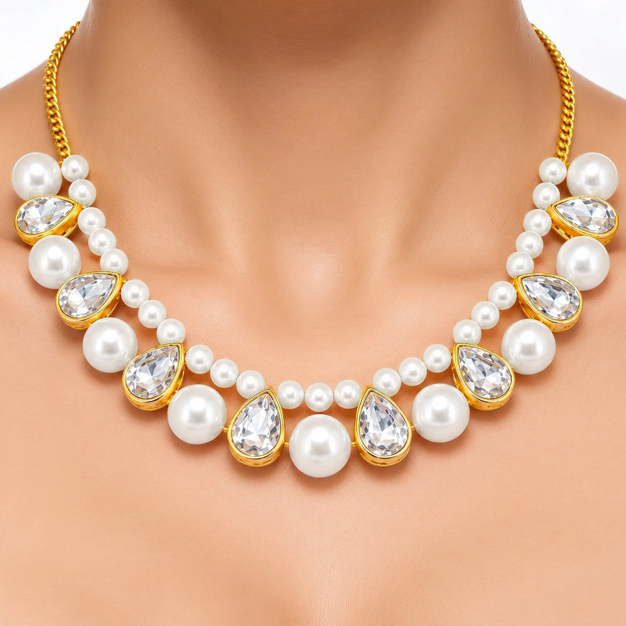 Anti-Tarnish Pearl & Teardrop Crystal Statement Necklace