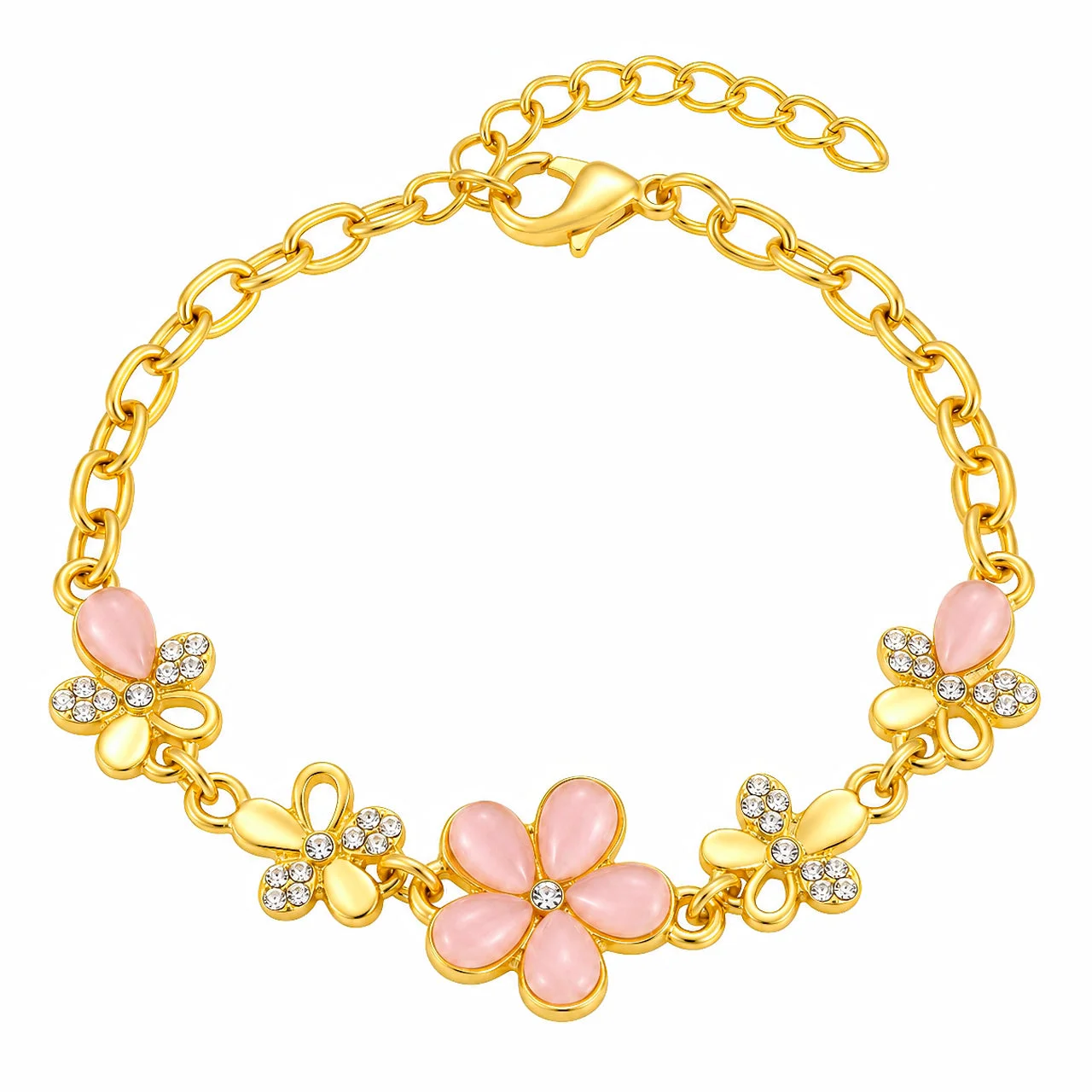 Anti-Tarnish Pink Stone Floral Teardrop Adjustable Bracelet