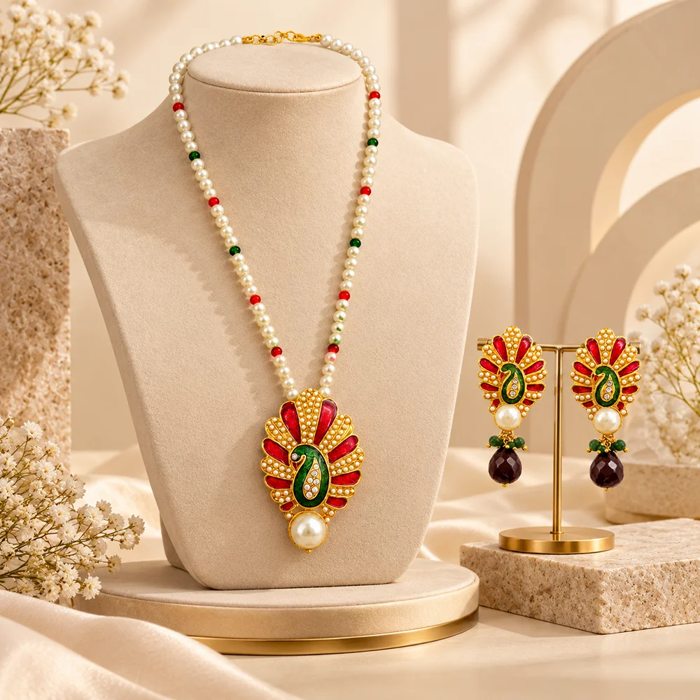 Anti-Tarnish Red Meenakari Peacock Pearl Pendant Necklace Set