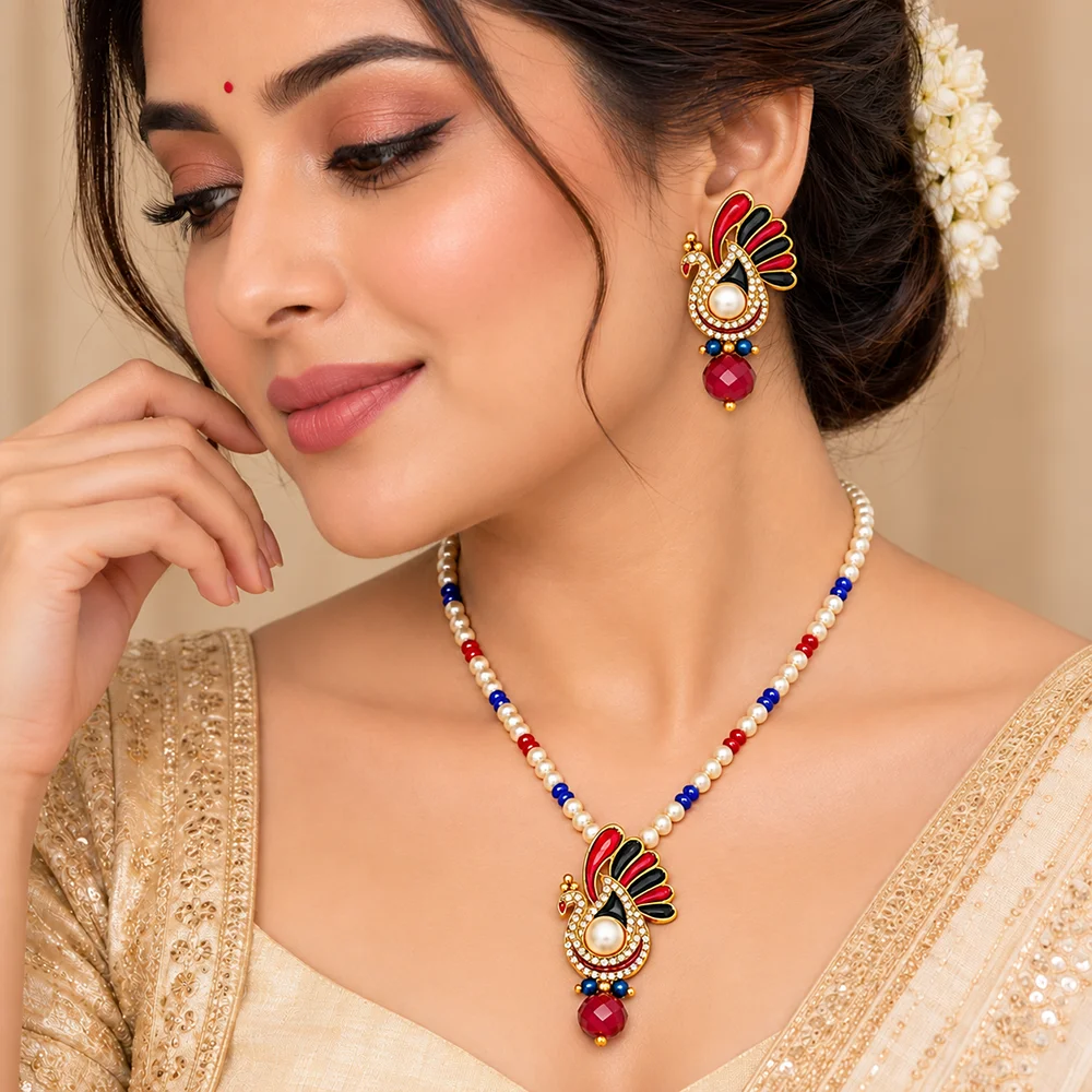Anti-Tarnish Ruby Red Austrian Stone Peacock Pendant Necklace Set