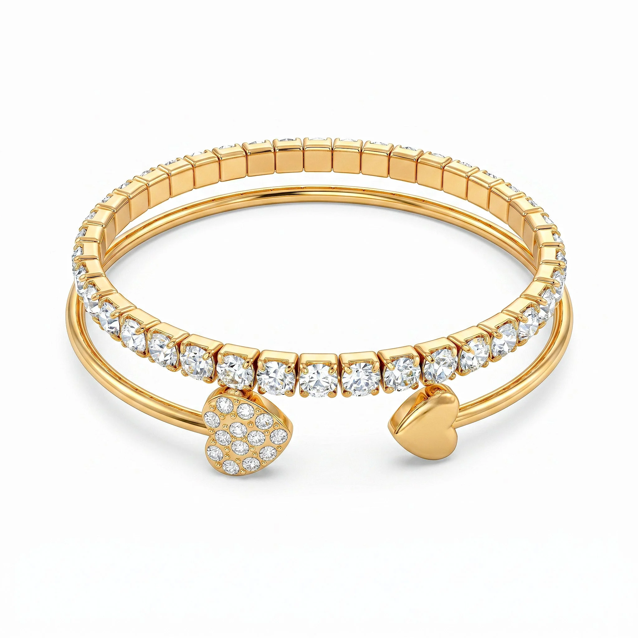 Anti-Tarnish Set of 2 Rhinestone Chain Heart Bangle & Bracelet