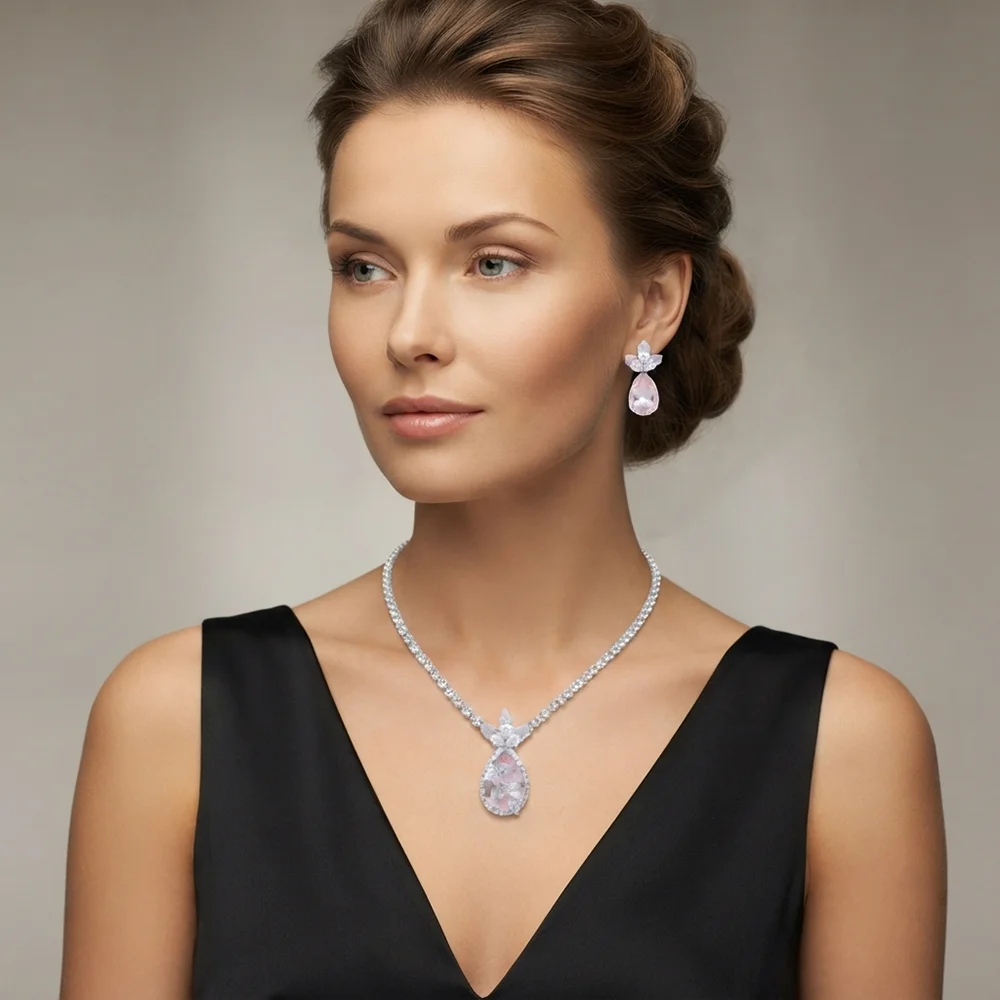 Anti-Tarnish Silver Plated Rose Pink Crystal Necklace Set