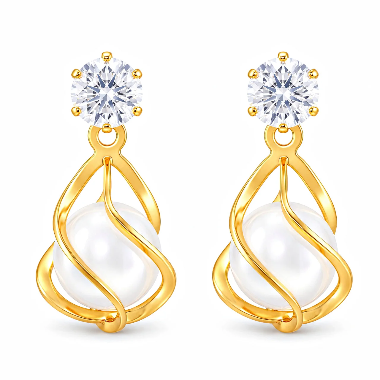 Anti-Tarnish Swirl Cage White Stone Dangle Earrings