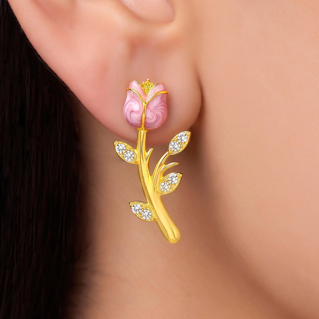 Anti-Tarnish Tulip Pink Enamel & Crystal Drop Earrings