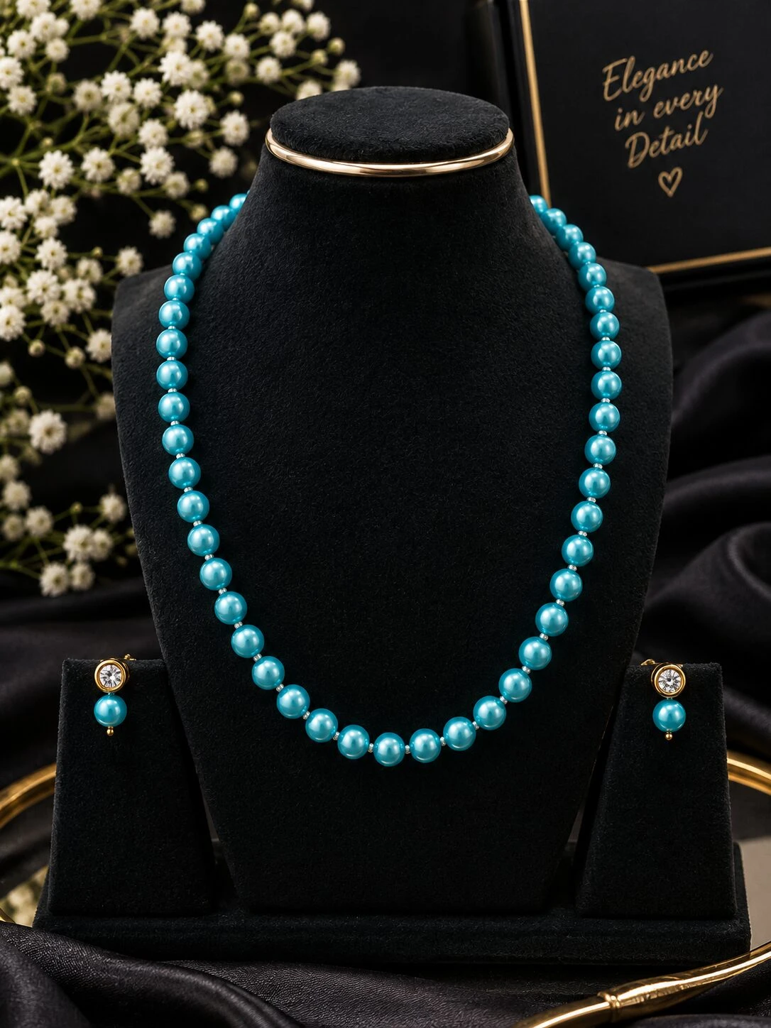 Anti-Tarnish Turquoise Blue Pearl Beaded Necklace Set